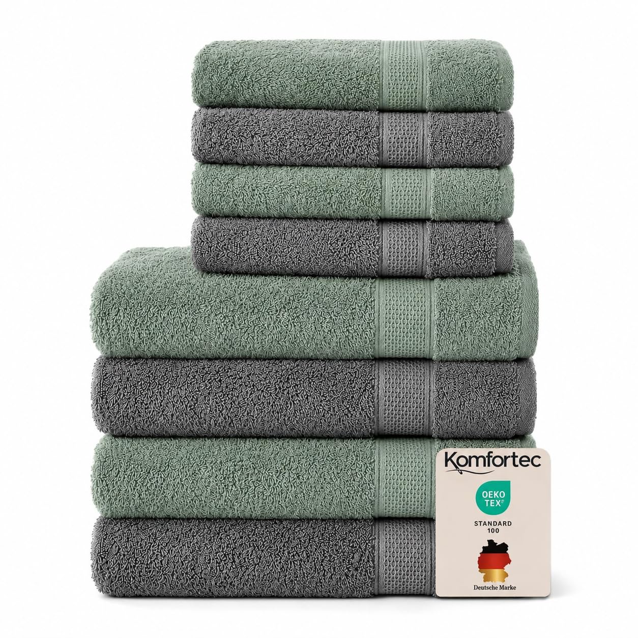 Komfortec Hand Towels Set, 4 Bath Towels 70 x 140 cm and 4 Hand Towels 50 x 100 cm, 100% Cotton Terry Towelling, Fluffy and Absorbent, Anthracite/Light Green