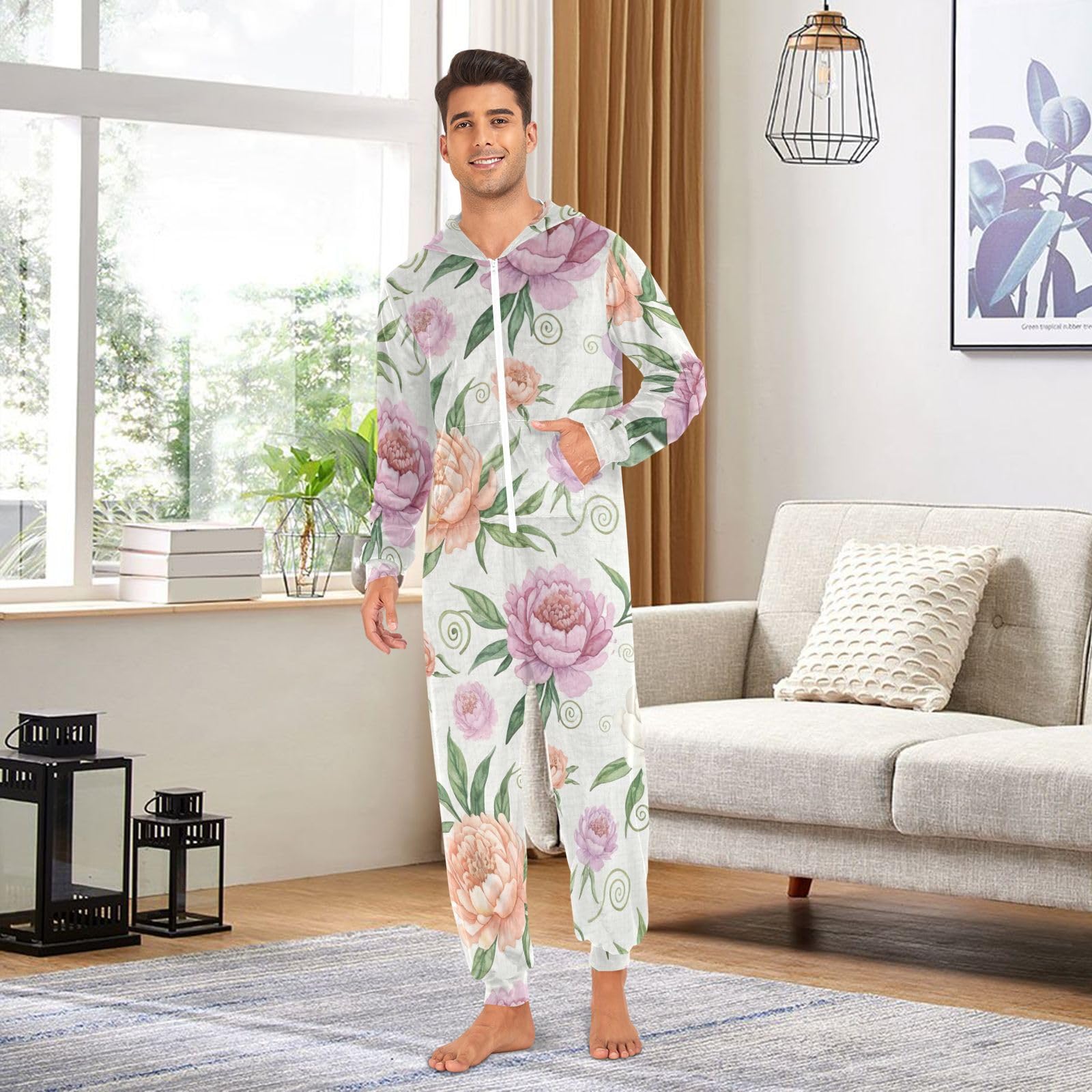 Tuta intera da uomo e donna con motivo floreale di peonia ad acquerello, colore crema