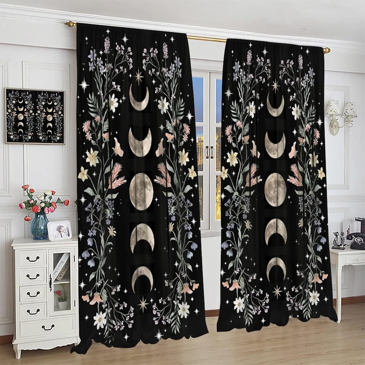 Moon Floral Curtains Flower Wildflower Phase Moonlit Garden Aesthetic Boho Spring Vines Nature 2 Panel Window Treatment Set for Bedroom Living Room Decor 42x54 Inch Decor