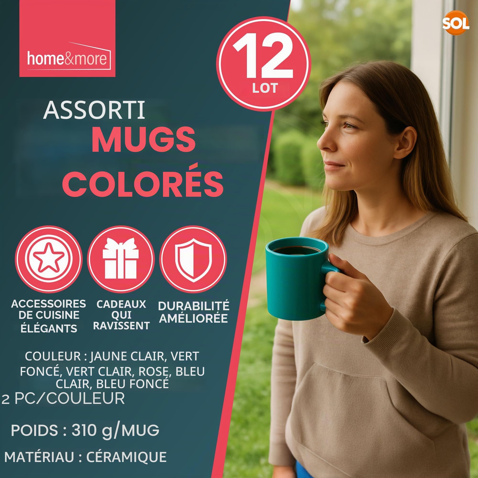 SOL Lot de 12 tasses colorées en céramique de 330 ml pour thé, café, chocolat chaud, vaisselle de cuisine durable adaptée pour la maison, le bureau, les cafés et comme cadeau