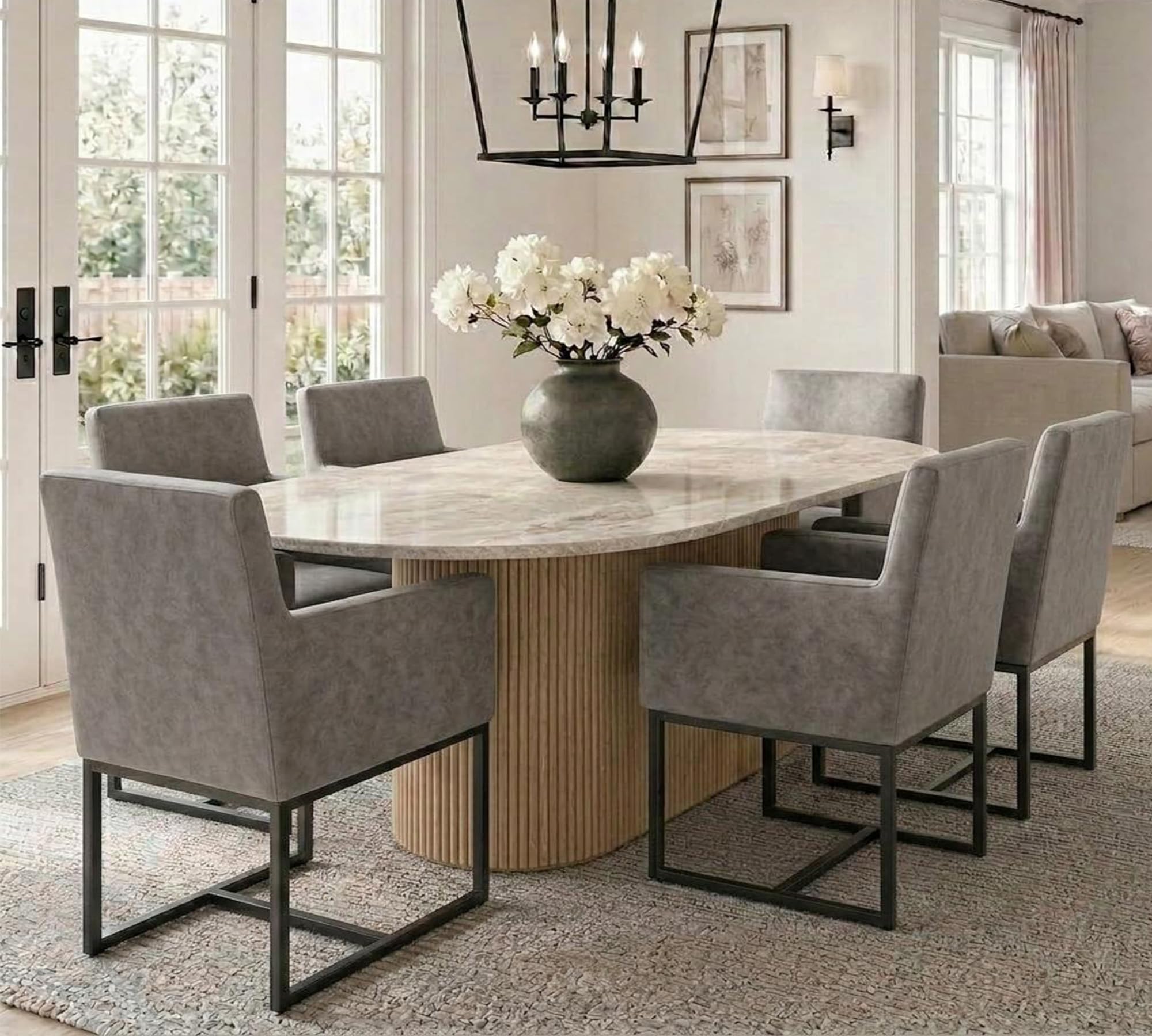 HNY Mid Century Modern Upholstered Dining Chairs with Arms Set of 6, Faux Leather Accent Chairs with Black Finish Metal Frame, 19'' Wide Arm Chairs for Living Room Kitchen Bedroom, Grey