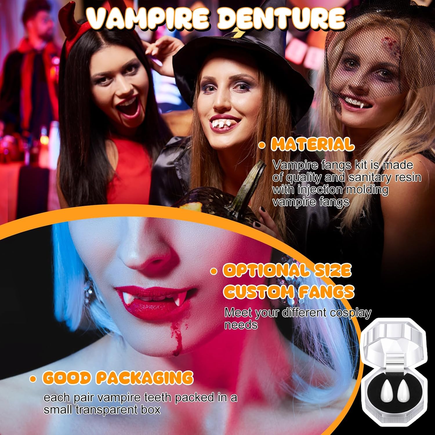 Zhanmai 4 Pairs Vampire Fangs Teeth with Adhesive Halloween Cosplay Props White Horror False Teeth Accessories
