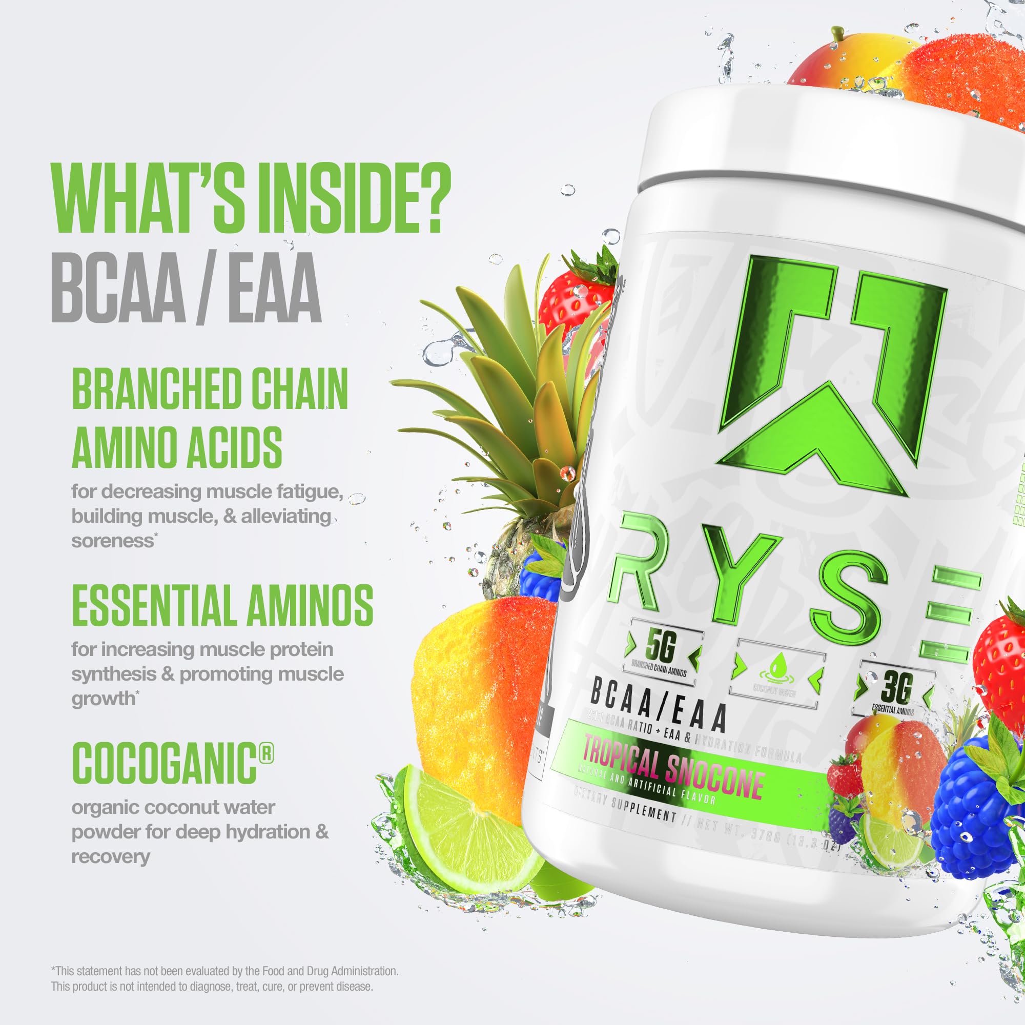 RYSE BCAA EAA Powder - Tropical Snocone - 5g Branched Chain Amino Acids, 3g Essential Aminos, Sugar-Free Electrolytes for Pre & Post Workout Muscle Recovery, Hydration and Strength - 30 Servings — Amazon image 4