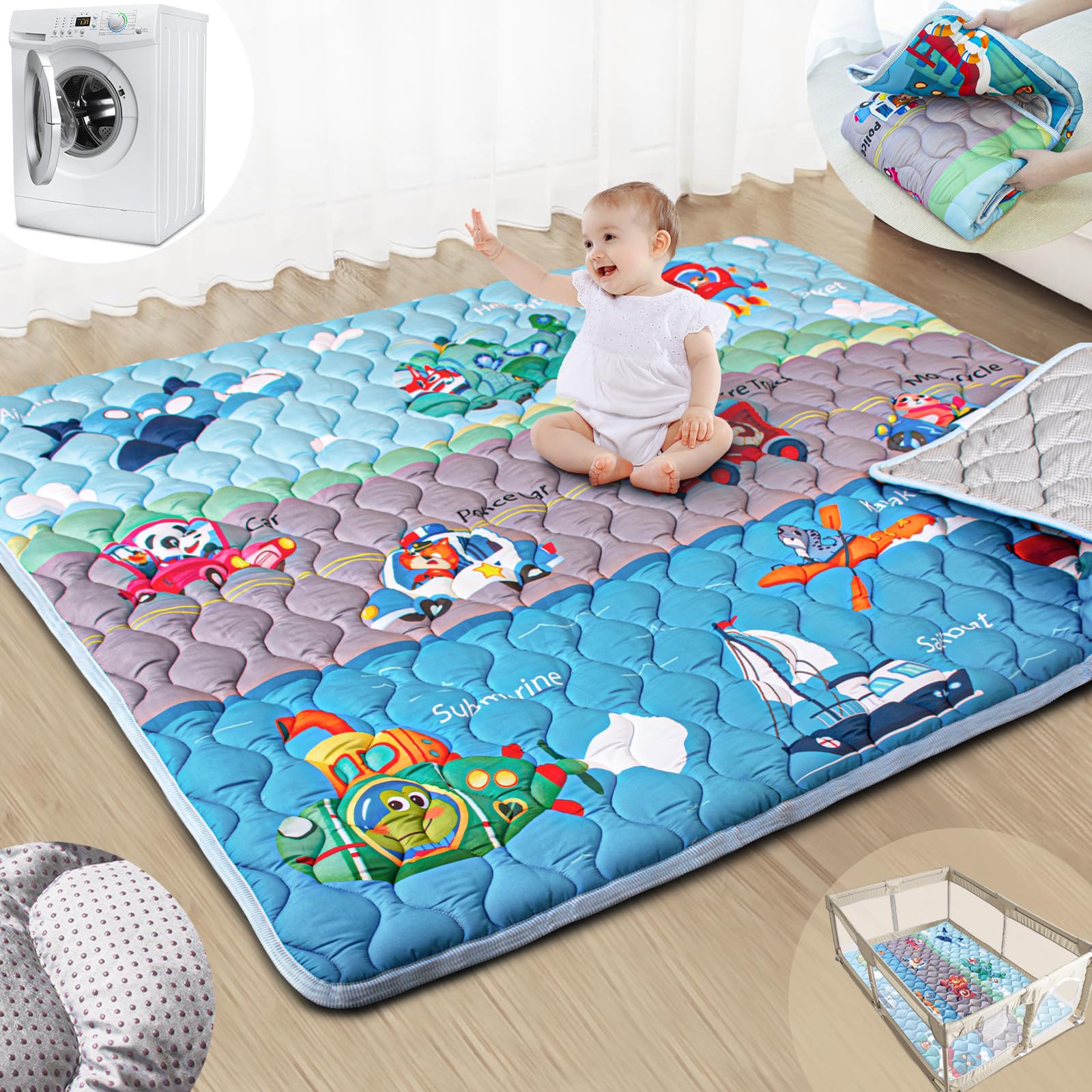 Beavtaens Baby Play Mats for Floor, 71”x59” Upgraded Thickness & Larger Super Soft Playmat for Babies and Toddlers, Foldable Washable, Upgrade