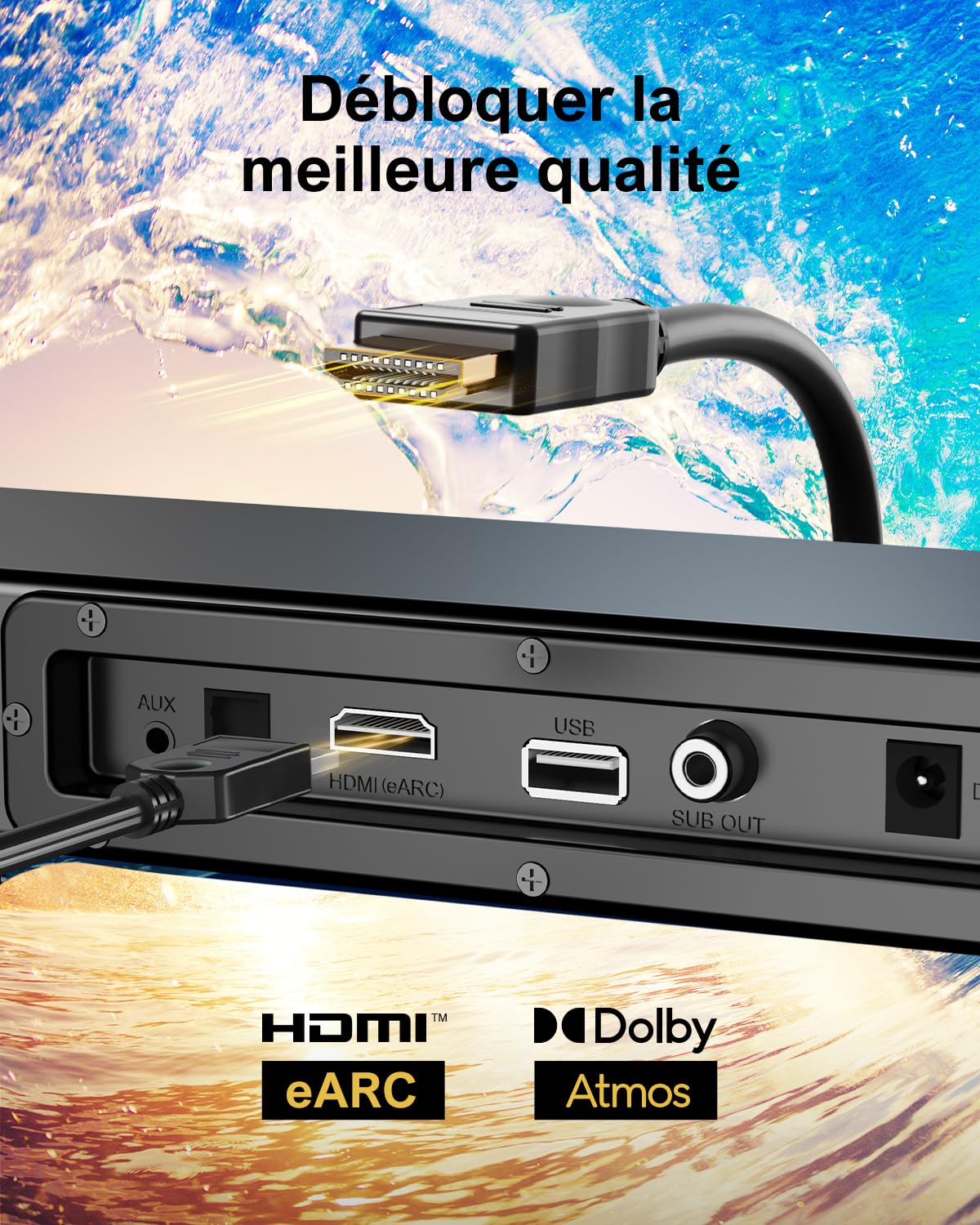 ULTIMEA Dolby Atmos Barre De Son pour TV, BassMX, 3D Surround Système pour Haut-Parleurs, 2.1 Barre Son avec Caisson de Basse pour Home Cinéma, Ultradeluxe, 190W Crête, Nova S50 Série
