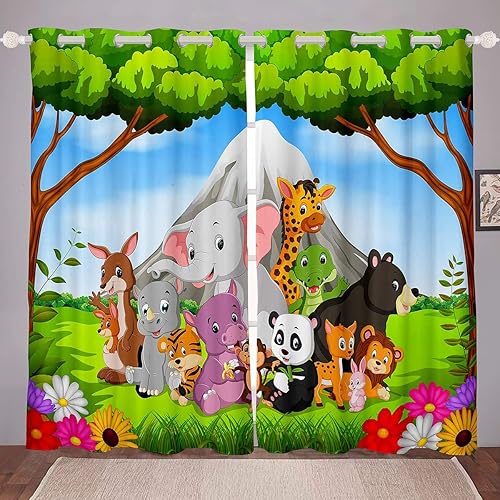 Cortinas infantiles con estampado de animales de dibujos animados para dormitorio, sala de estar, niños y niñas, lindo elefante, jirafa, vida