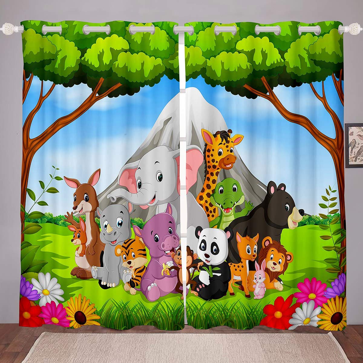 Kids Curtains Cartoon Animal Printed Curtains for Bedroom Living Room Children Boys Girls Cute Elephant Giraffe Wildlife Windows Drapes Safari Zoo Pattern Room Decoration,W66*L90 — image 1