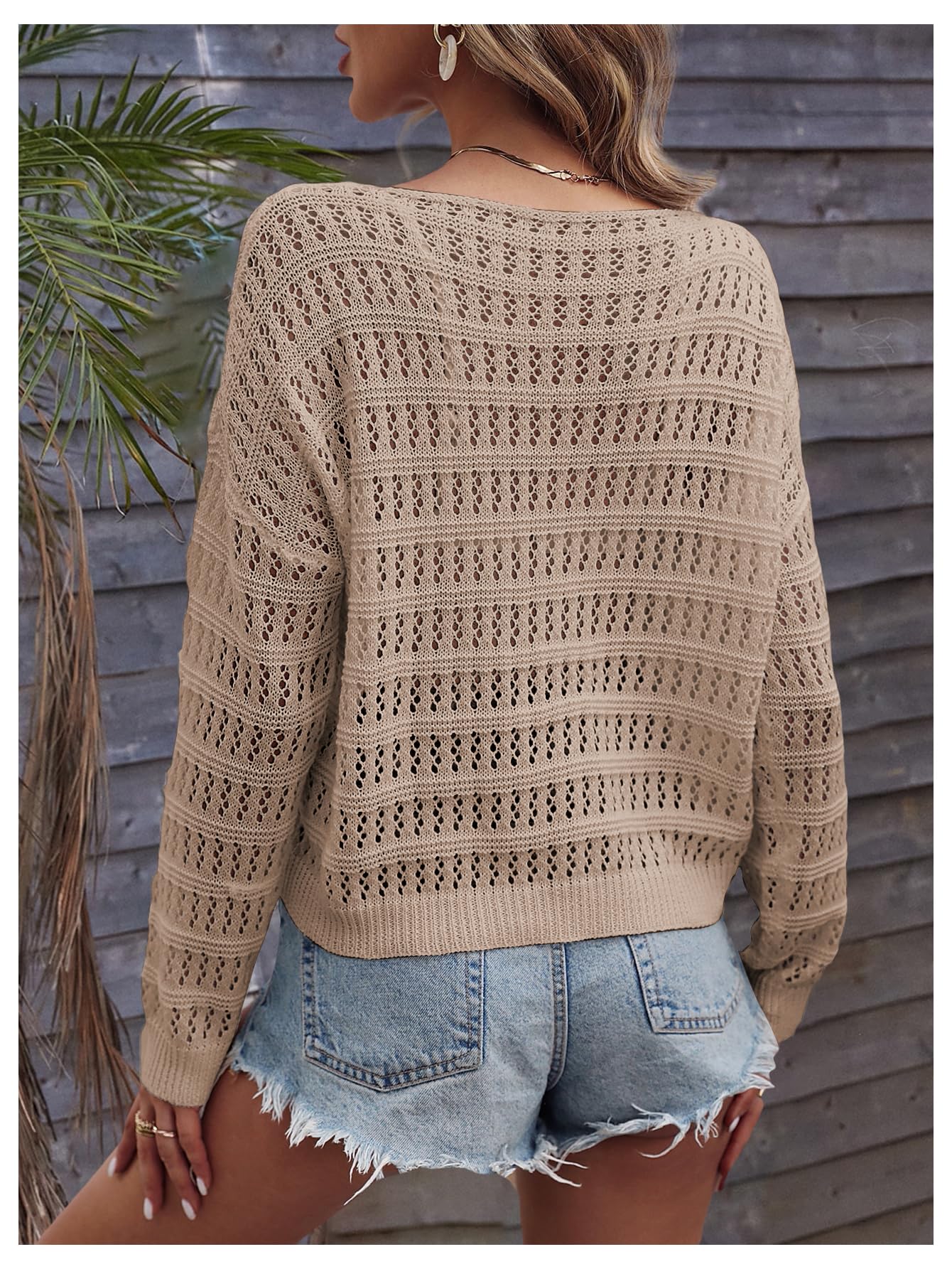SHENHE Women's Crochet Hollow Out Drop Shoulder Scoop Neck Long Sleeve Sweater Top