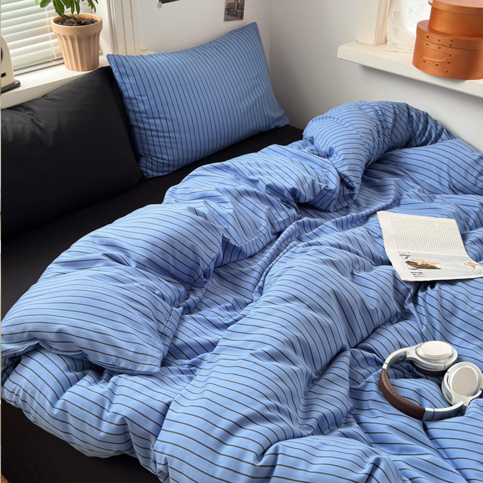 Freyamy Blue Black Double Duvet Cover Set 3pcs Striped Bedding โ image 1