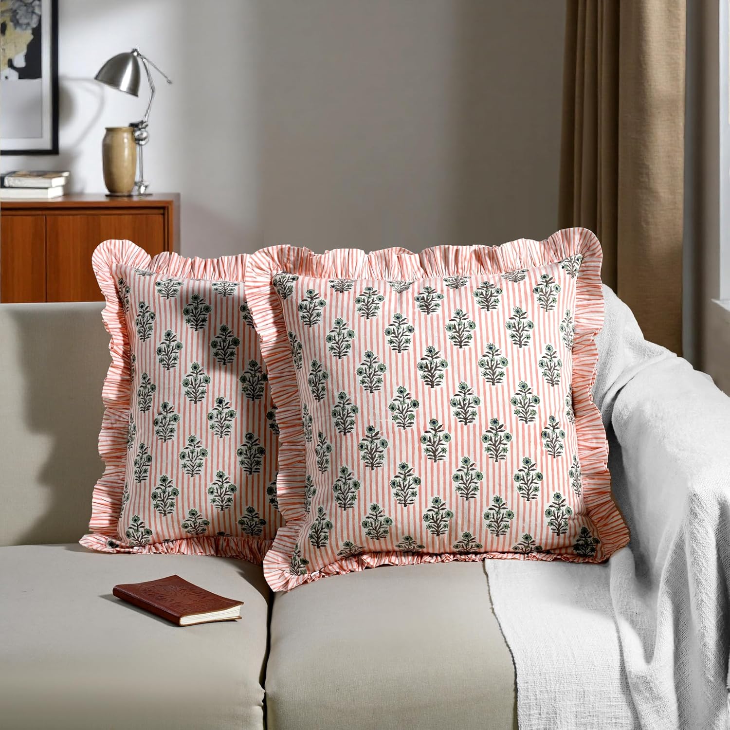 Ridhi Block Print Salmon Blossom Throw Pillow Cover 24" x 24" (Pack of 2) Decorative Cushion Covers with Ruffle for Couch, Sofa, Bed, Living Room, Home Decor Gift for Spring, Easter, Valentine