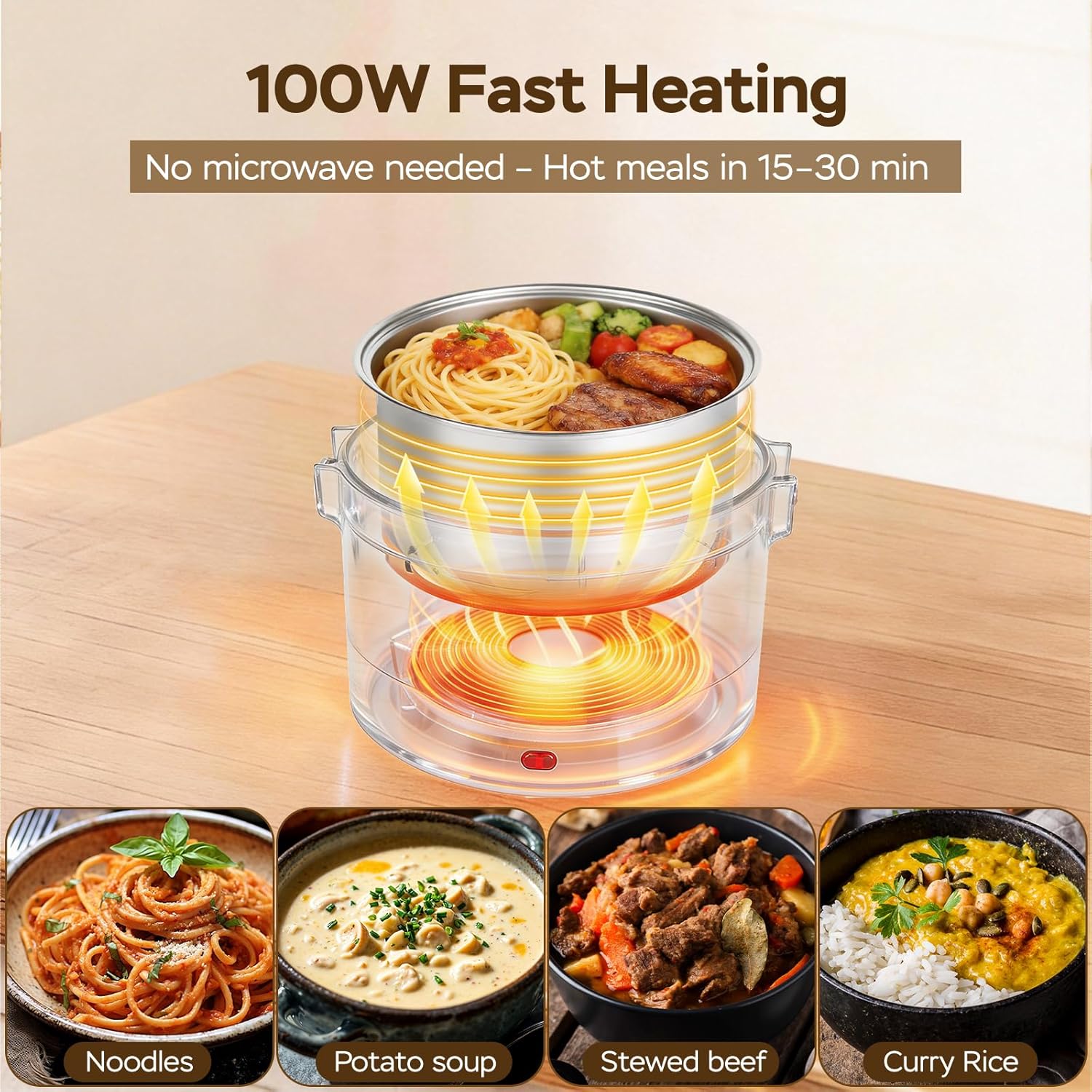 1.5L Electric Lunch Box, 100W Portable Food Warmer, 12/24/110V for Travel, Work, Car, Truck, On-the-Gofor(Black)