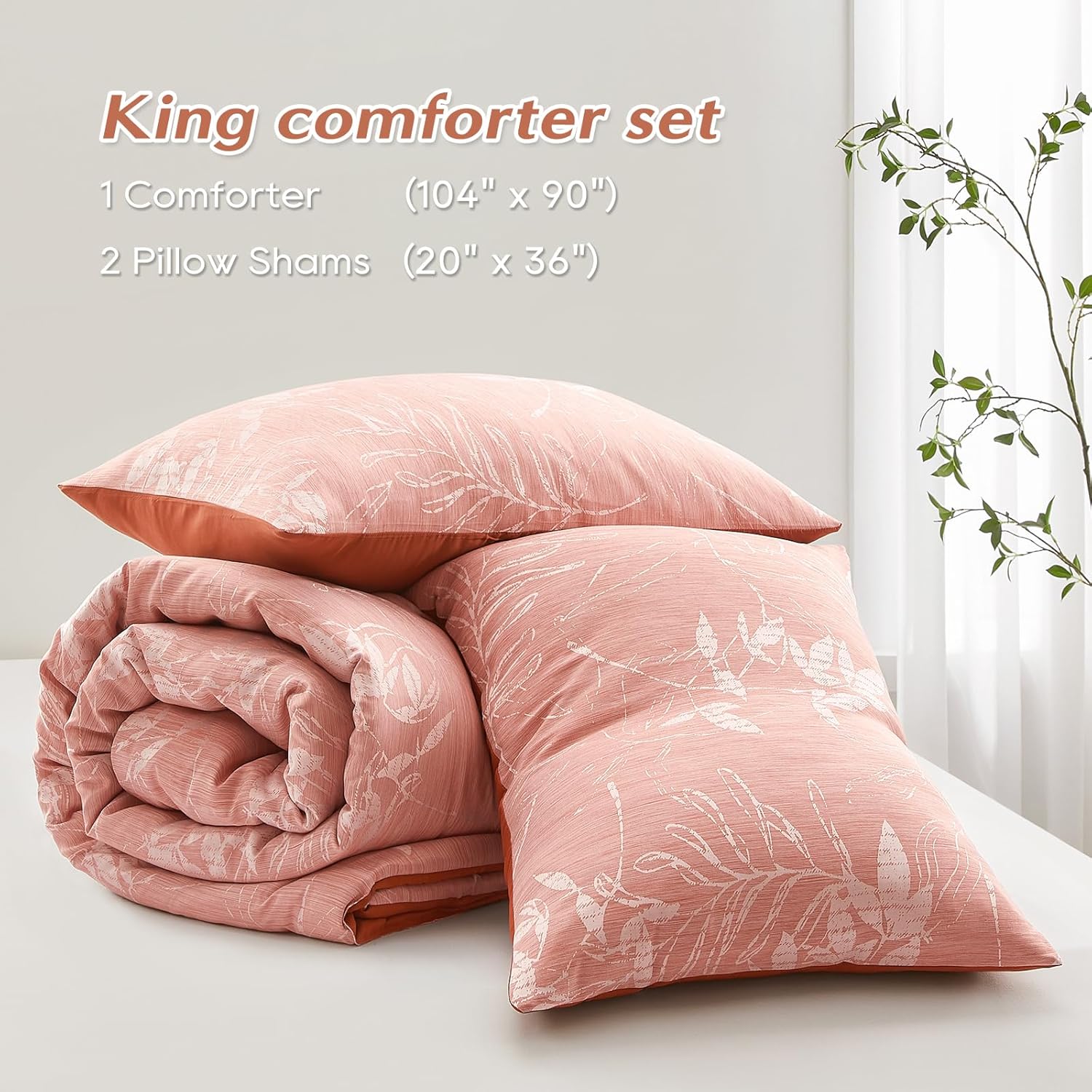 downluxe King Size Comforter Set - 3 Pieces Burnt Orange Bedding Comforter Sets, Botanical Flower Comforter King Size, 1 Soft Reversible Floral Comforter and 2 Pillow Shams for All Seasons - Image 7