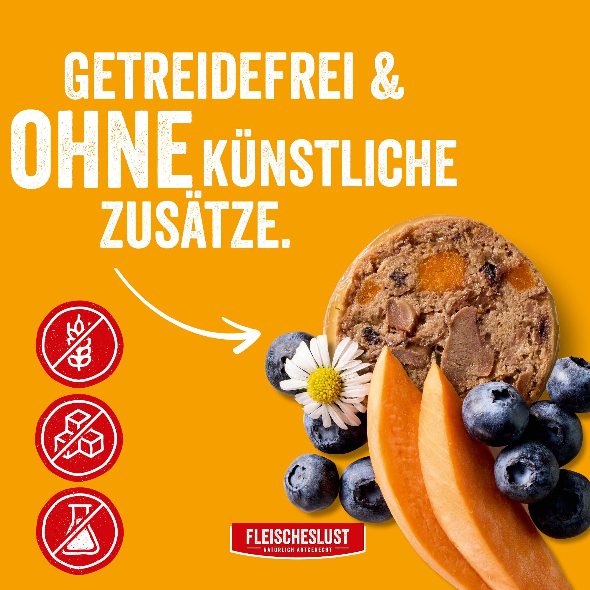 Fleischeslust Salchichas para perros, aves de corral finas con batata, arándanos y manzanilla como caja de alimentación (6 x 800 g), comida para perros, salchichas húmedas, resistente a cortes y sin
