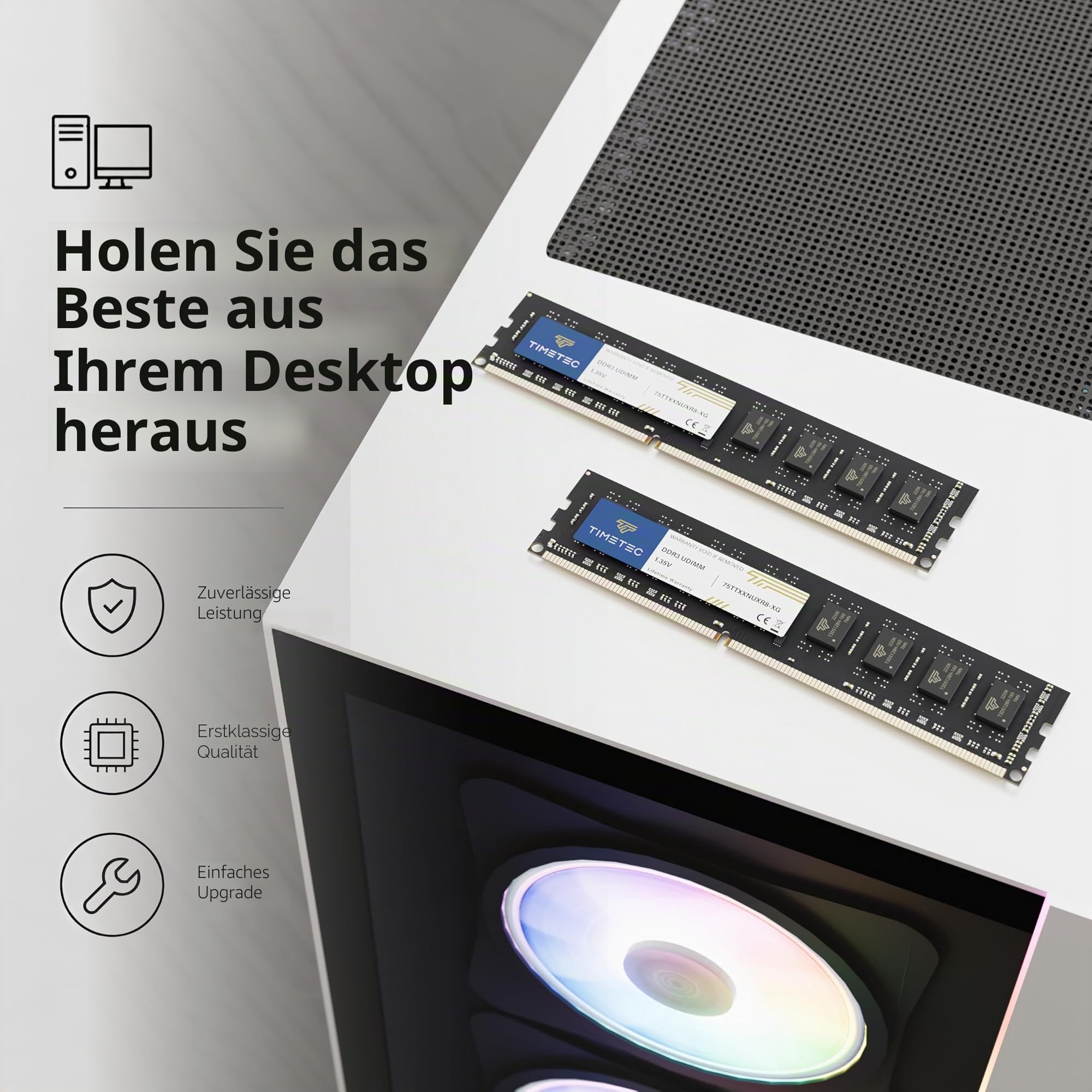 Timetec 8GB DDR3/DDR3L 1333MHz PC3-10600 Non-ECC Ungepuffert 1,5V/1,35V CL9 2Rx8 Dual Rank 240 Pin UDIMM Desktop-Speicher RAM-Modul-Upgrade