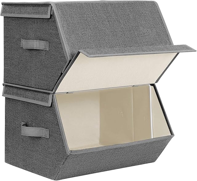 SONGMICS Set of 2 Storage Boxes with Lid, Stackable Folding Fabric Boxes, Metal Frame and Side Handles, for Accessories, Toys, Clothing, Dark Grey RYLB02G