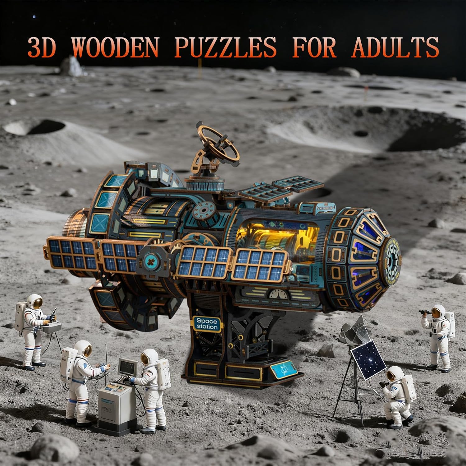 3D Wooden Puzzles for Adults - Space Station Mechanical Model Kit with Lights & Music, 511PCS Adult Wooden Puzzles, DIY Building Toy for Teens & Adults(MX-003)