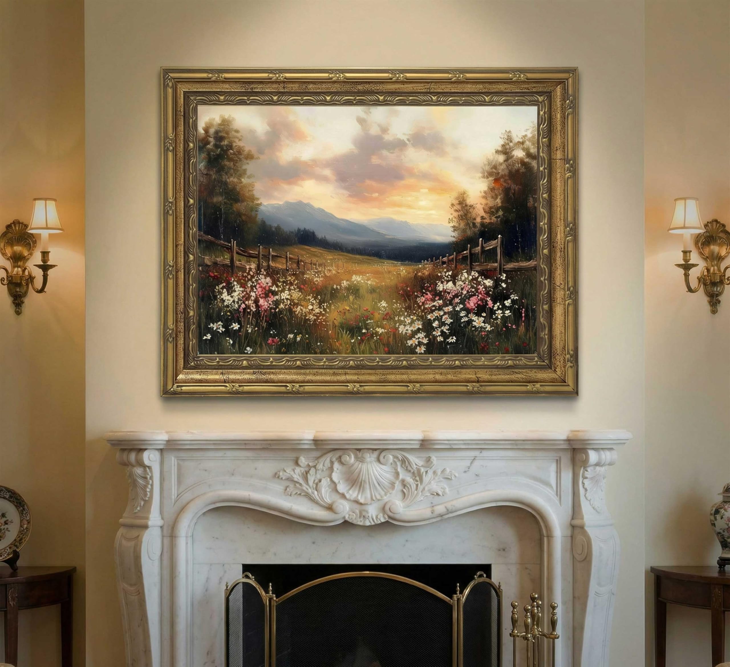 Vintage Gold Framed Wall Art, Retro Wildflower Canvas Print, Rustic Farmhouse Sunset Painting for Living Room, Bedroom, Office, 9x11 Inch - 4