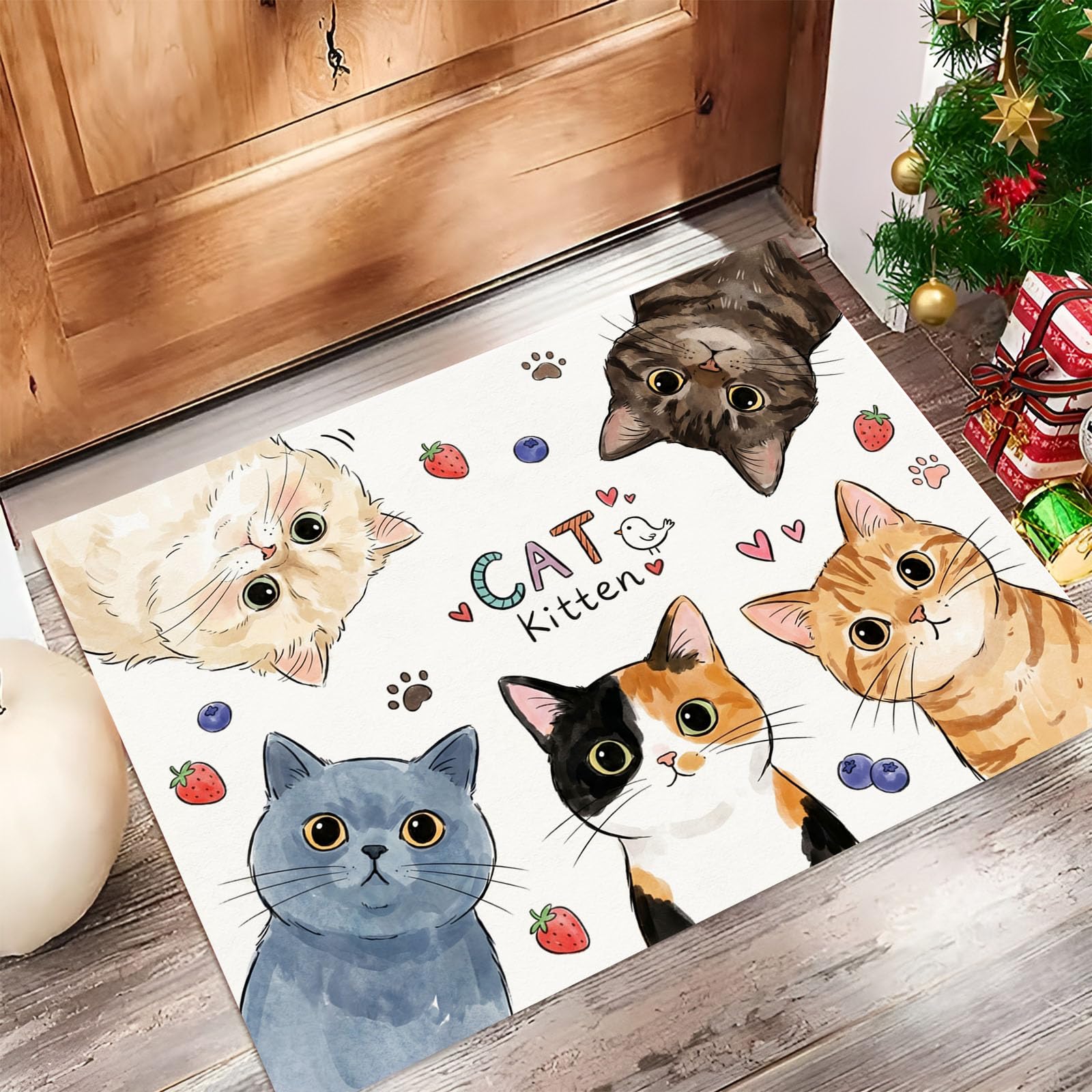 Felpudo de Entrada 90x150cm, Alfombra Animales Acuarela Atrapapolvo Alfombra Gato Dibujos Animados Antideslizante Lavable, Alfombrilla con Microfibras Suaves Absorbentes para Puerta, Pasillo, Blanco