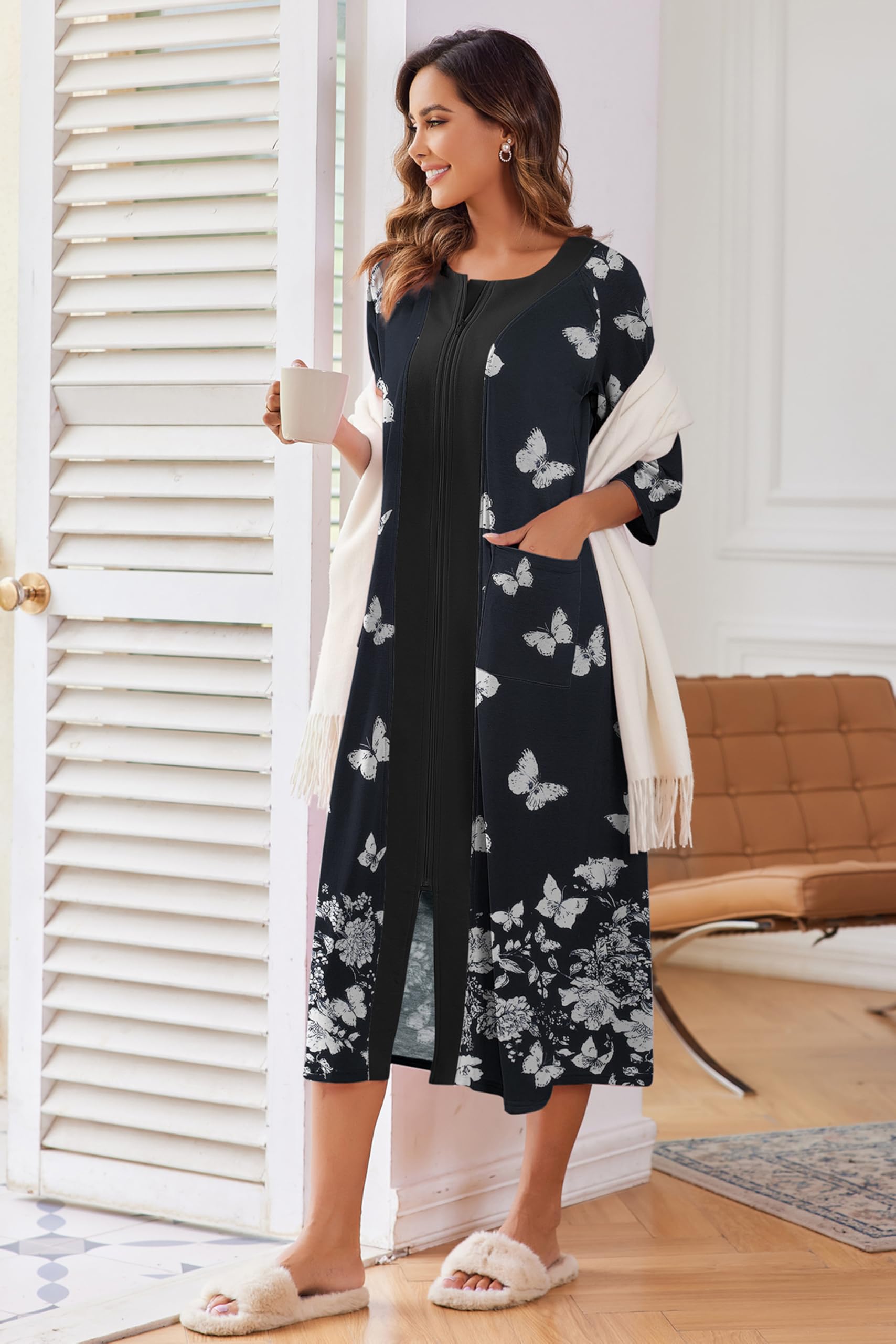 Ekouaer Bata larga con cremallera y mangas 3/4 para mujer, vestido de casa de longitud completa, camisón largo con bolsillos