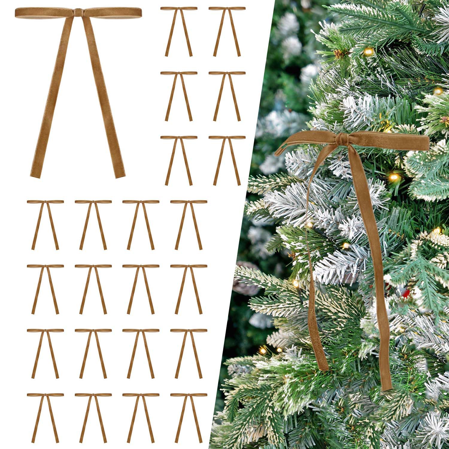 Set of 24 Camel Brown Velvet Bows Ornaments for Christmas Tree, Vintage Rustic Elegant Velvet Bows Decor, Xmas Home Decoration for Wreath Mantle Gift Wrap Holiday Decor, 3/8'' Wide, 5 * 7 inch