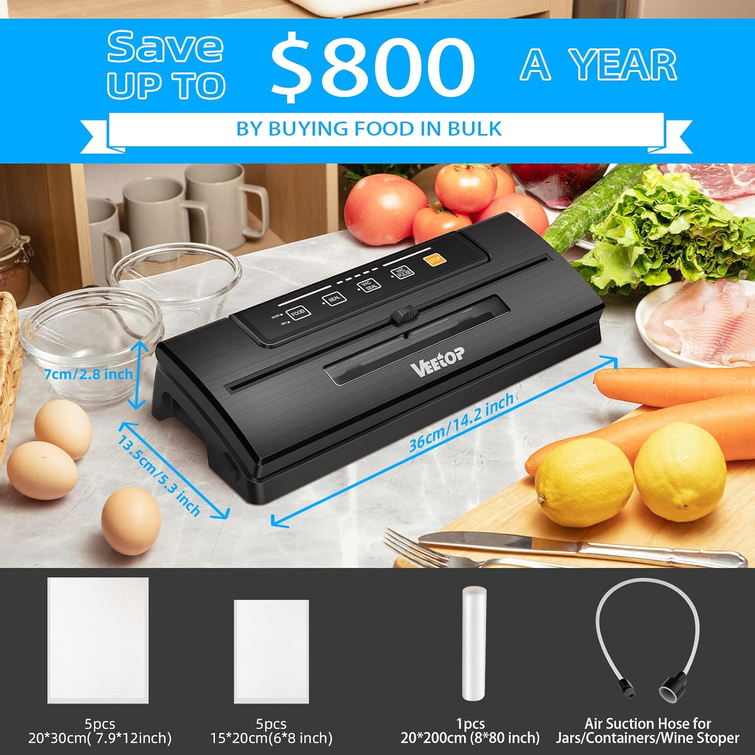 Veetop Vacuum Sealer, Automatic 80kPa Food Sealer Machine with Dry Moist Modes for Food Preservation,1 Vacuum Rolls & 10Pcs Vacuum Seal Bags