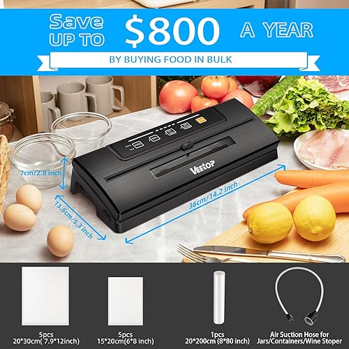 Miniatura 2 de Veetop Sellador al vacío, máquina selladora automática de alimentos de 80 kPa con modos secos y húmedos para conservación de alimentos, 1 rollo al