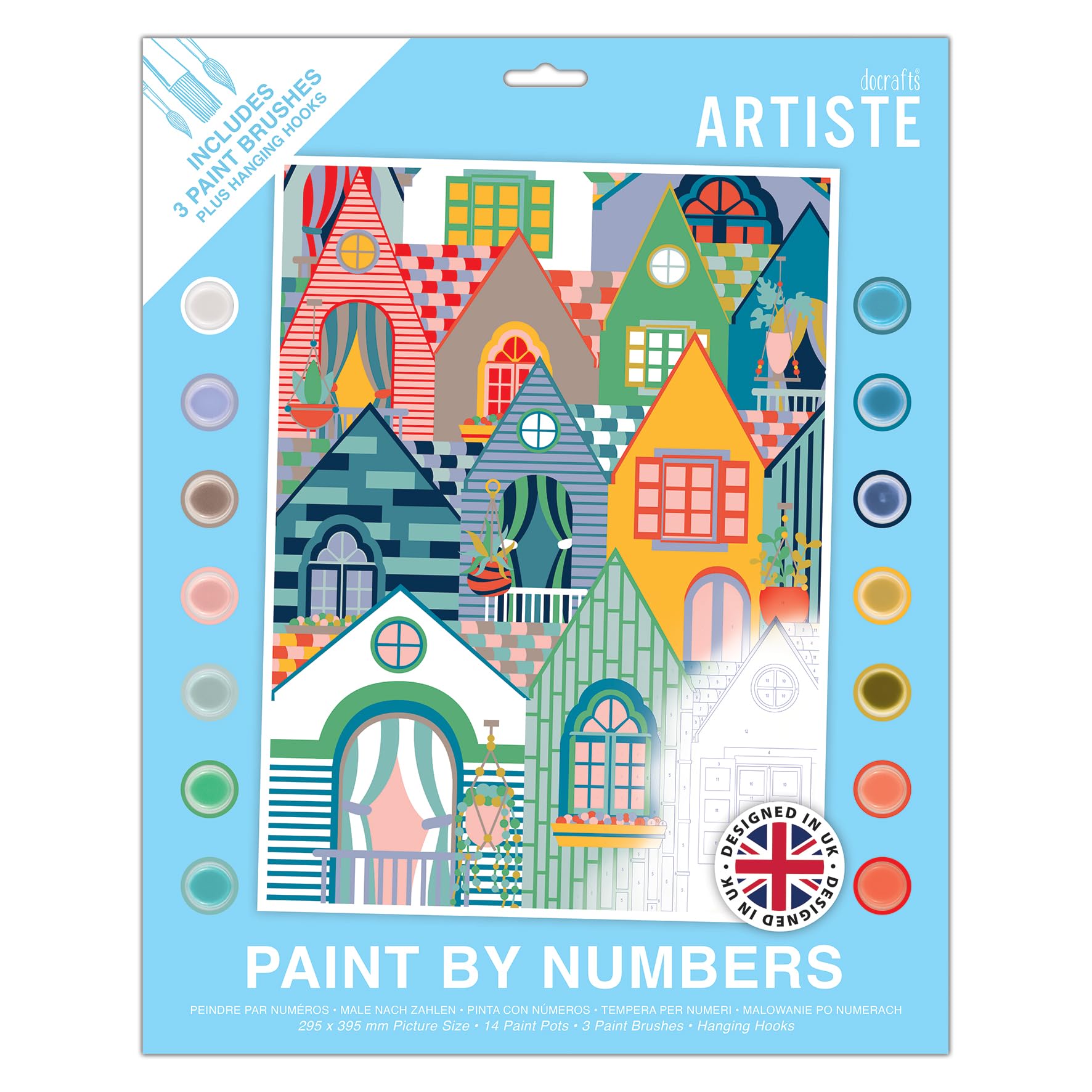 DOCRAFTS ARTISTE Large Paint by Numbers, Townhouses, Summer Craft, 395x295mm Board 14 Acrylic Colour Paint 3 Size Brush Set, Adults Craft, Hobbies Craft, Number Coded Design, Personalised Art