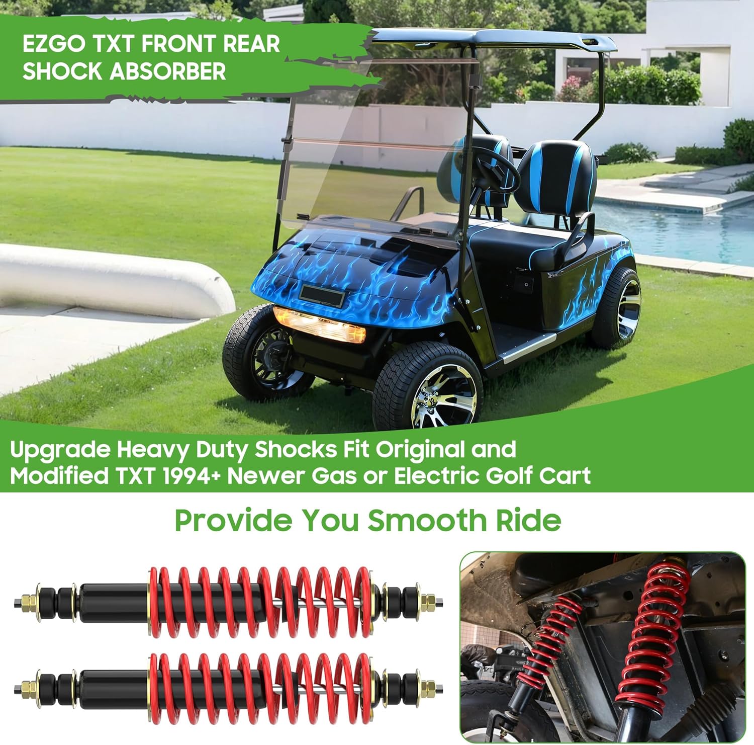10L0L Golf Cart Front & Rear Shock Absorbers with Heavy Duty Coil Springs, 4 Pack, Compatible with EZGO TXT/Medalist 1994-Up Gas & Electric, Replaces OEM 76418-G01 70928-G01-(Red)