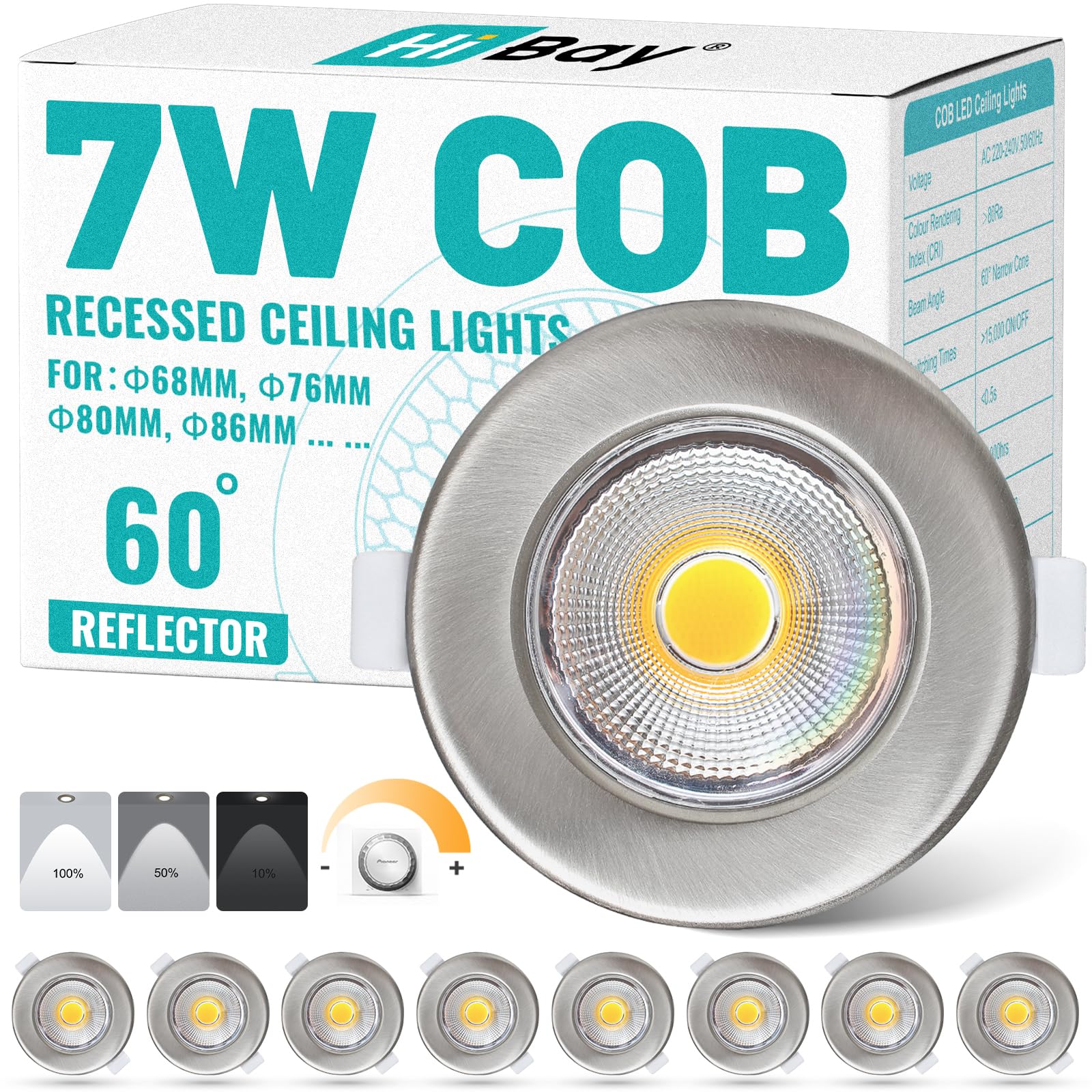 HiBay 8X Ultra Slim Downlights for Ceiling 7W Dimmable Brushed Chrome COB Recessed Ceiling Lights 3000K 240V 600LM Round Spotlight for Kitchen, Living Room, Bedroom, Cutout Ø65-88mm