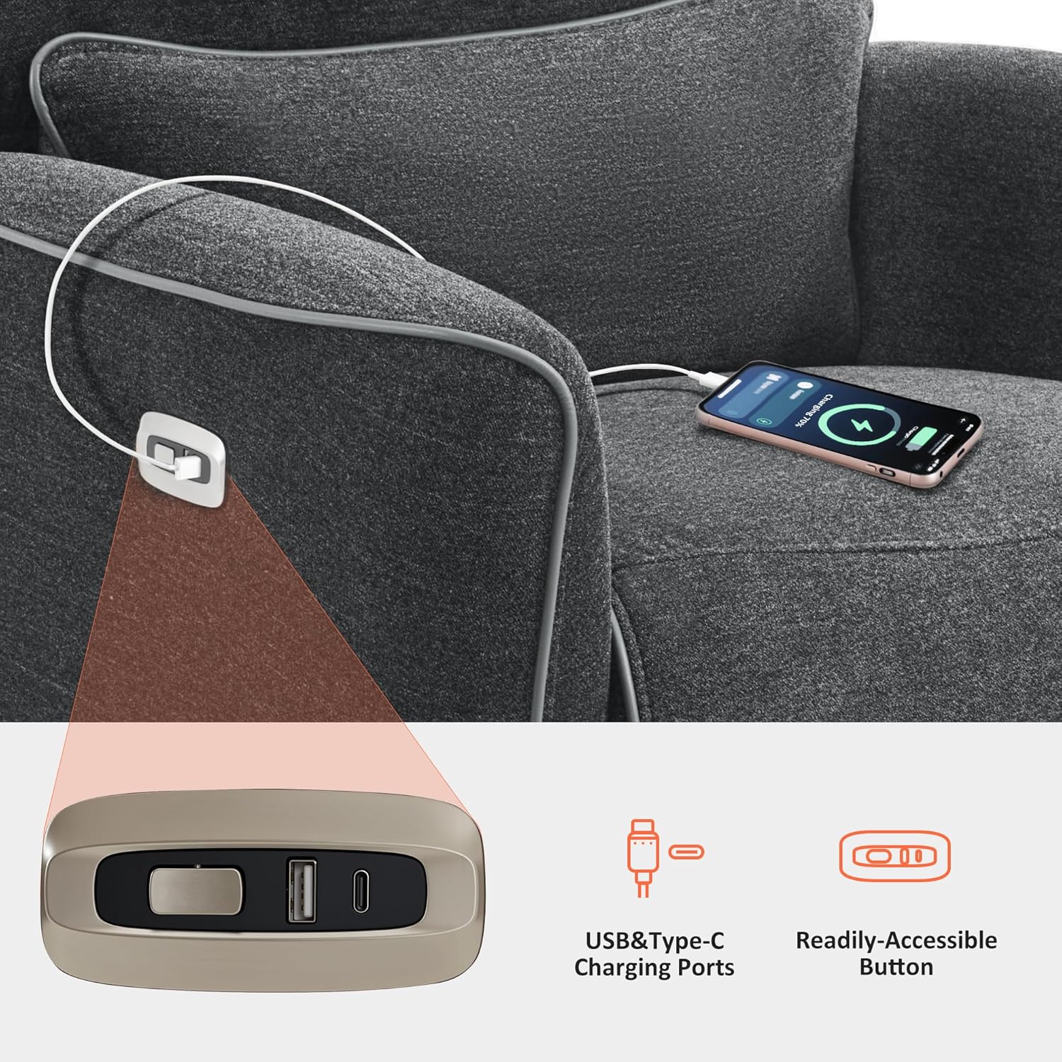 Close-up of the USB A/C charging ports on the recliner armrest with a phone charging