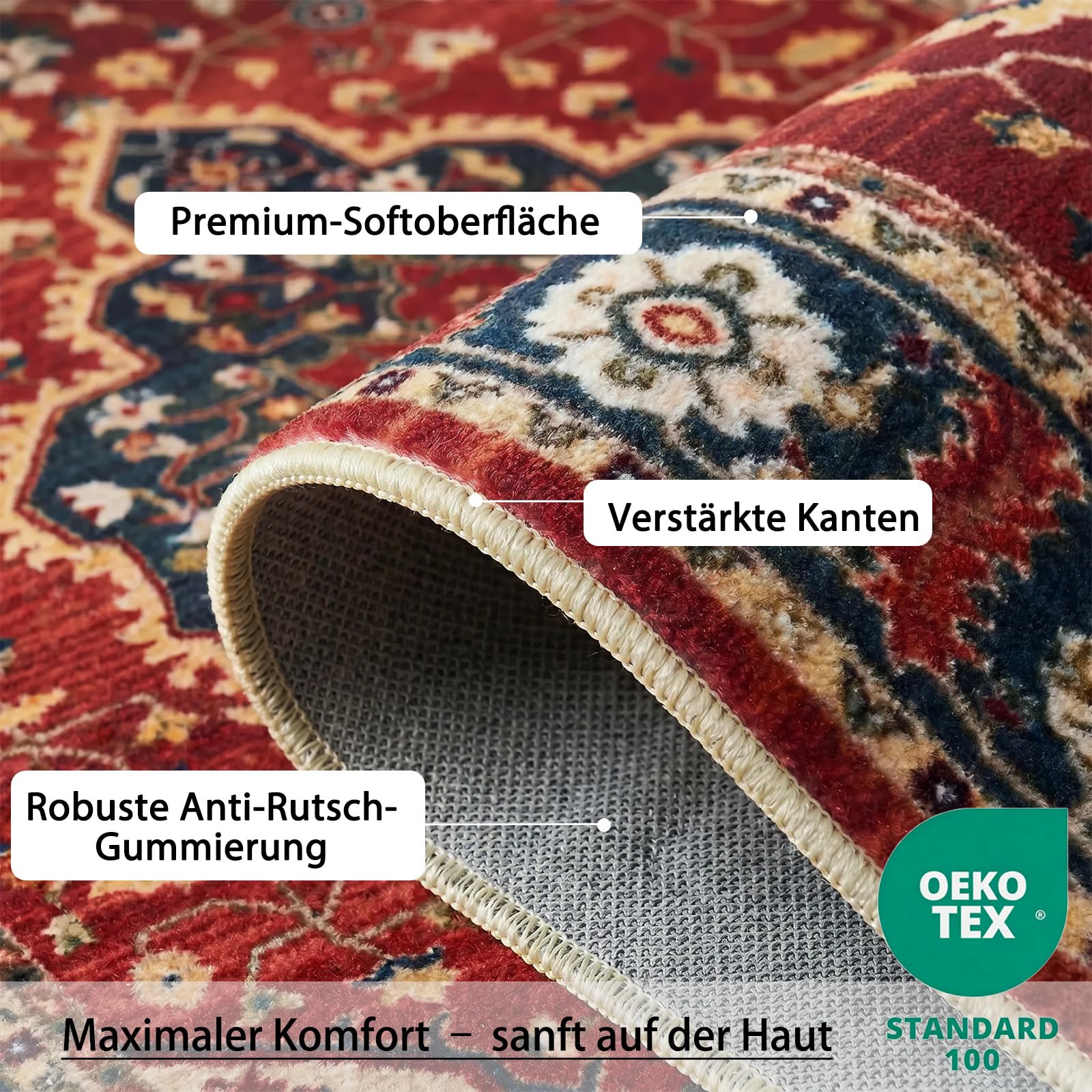 WUTONG Vintage Teppich Wohnzimmer 160x230 cm Rot,Orientalischer Teppich Waschbar rutschfest Kurzflor,Geeignet für Esszimmer und Jugendzimmer,Retro Boho