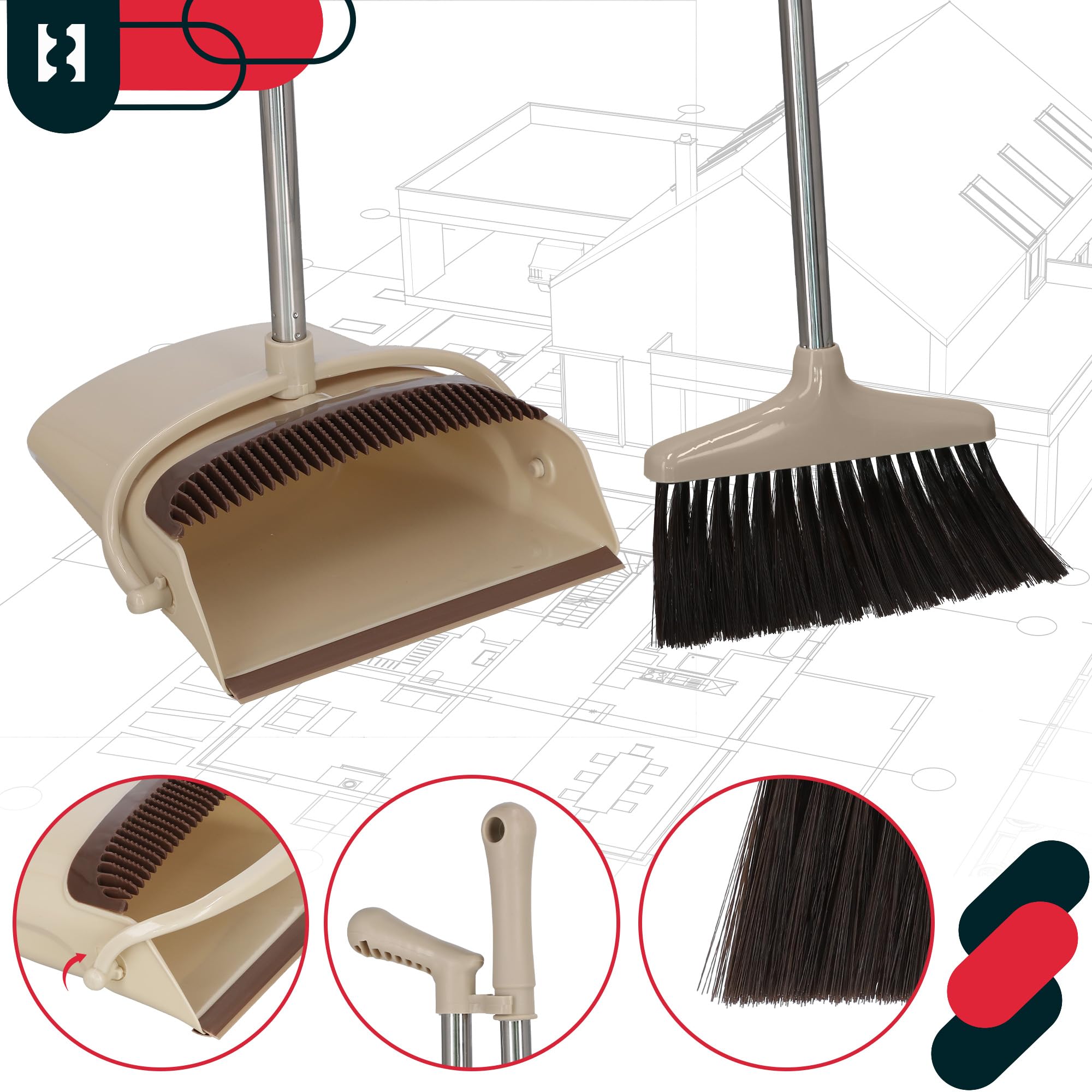 KOTARBAU® Set di scopa e paletta con manico lungo Alejandro, Scopa con manico e scopa senza piegarsi, Plastica e acciaio inossidabile, Ideale per pavimenti in linoleum, Colori: Crema, Nero, Argento