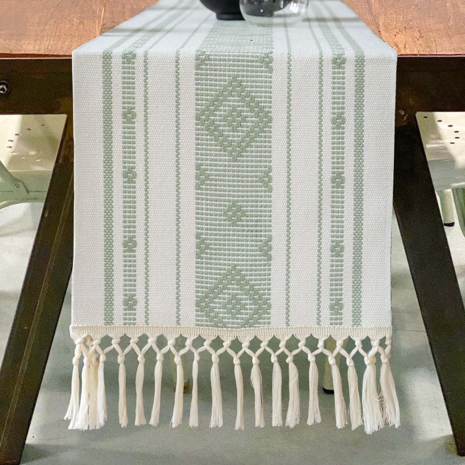 Runner da tavola natalizio in cotone intrecciato con nappe, rettangolare, 35 x 182 cm