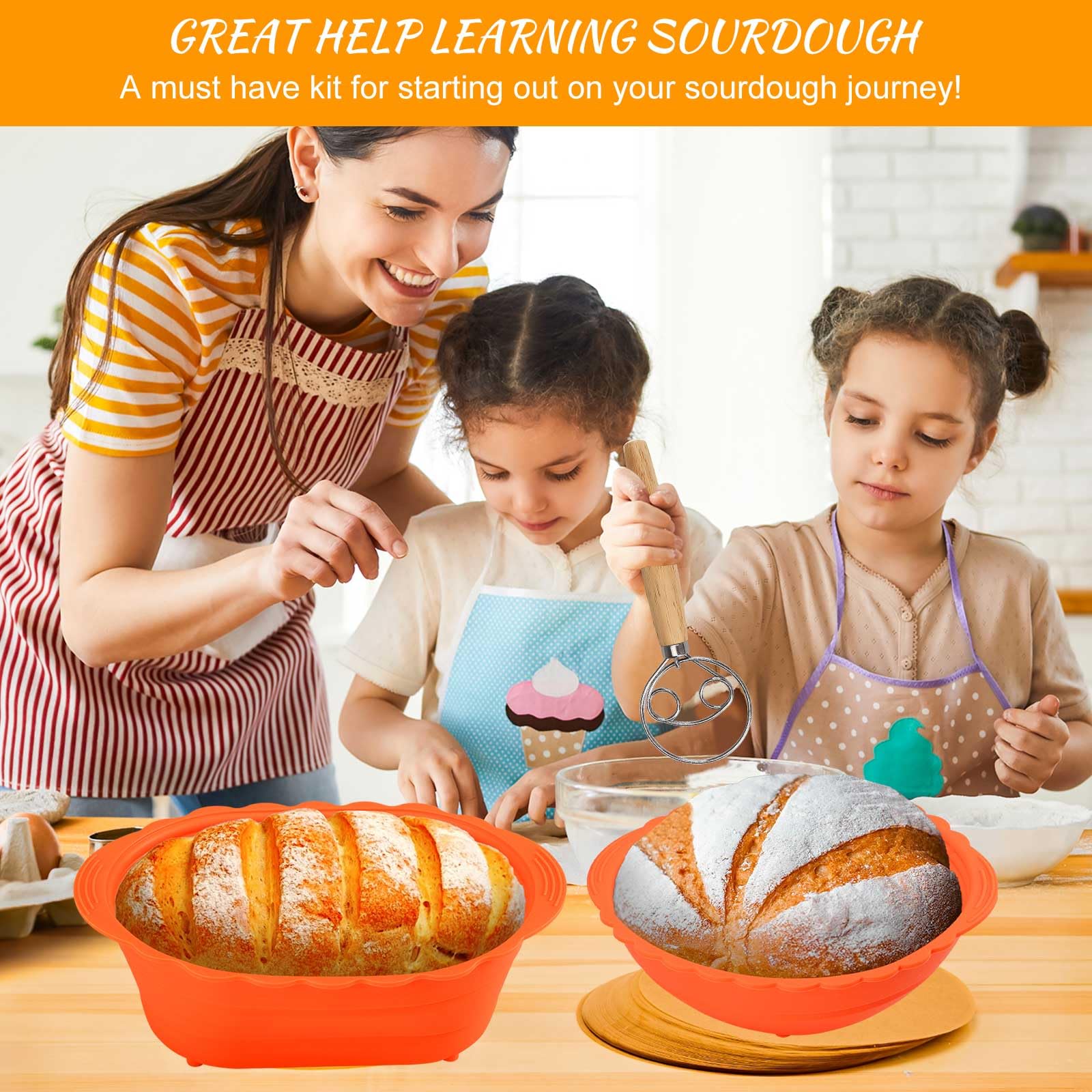 Yiomxhi Banneton Pour Pain, Lot De 2 Corbeille à Fermentation Rond Et Ovale En Silicone, Pliable Corbeille à Pain Et Levain Kit Boulangerie Avec Grattoir Brosse Tissu En Lin Lame, Vert