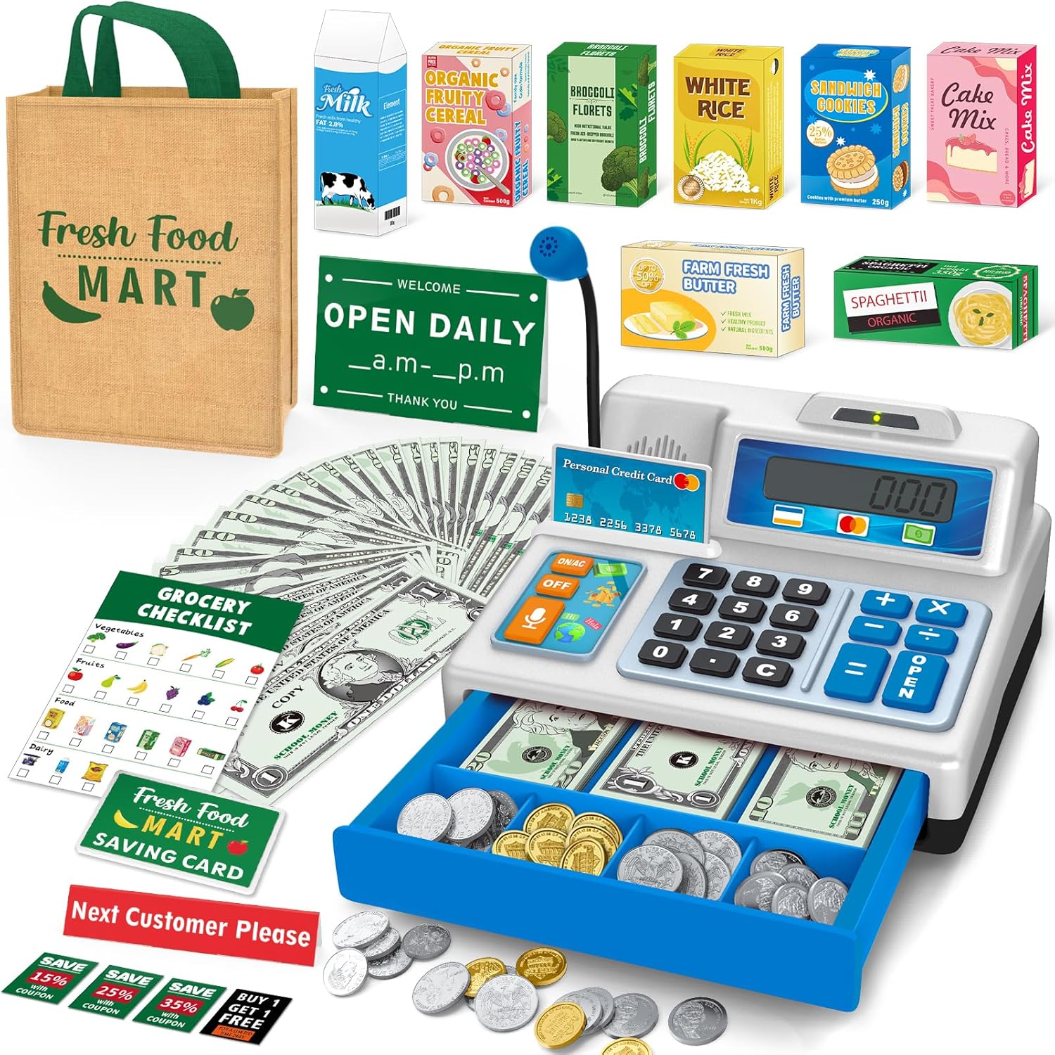 Calculator Cash Register Toy with 120 Pcs Grocery Playset