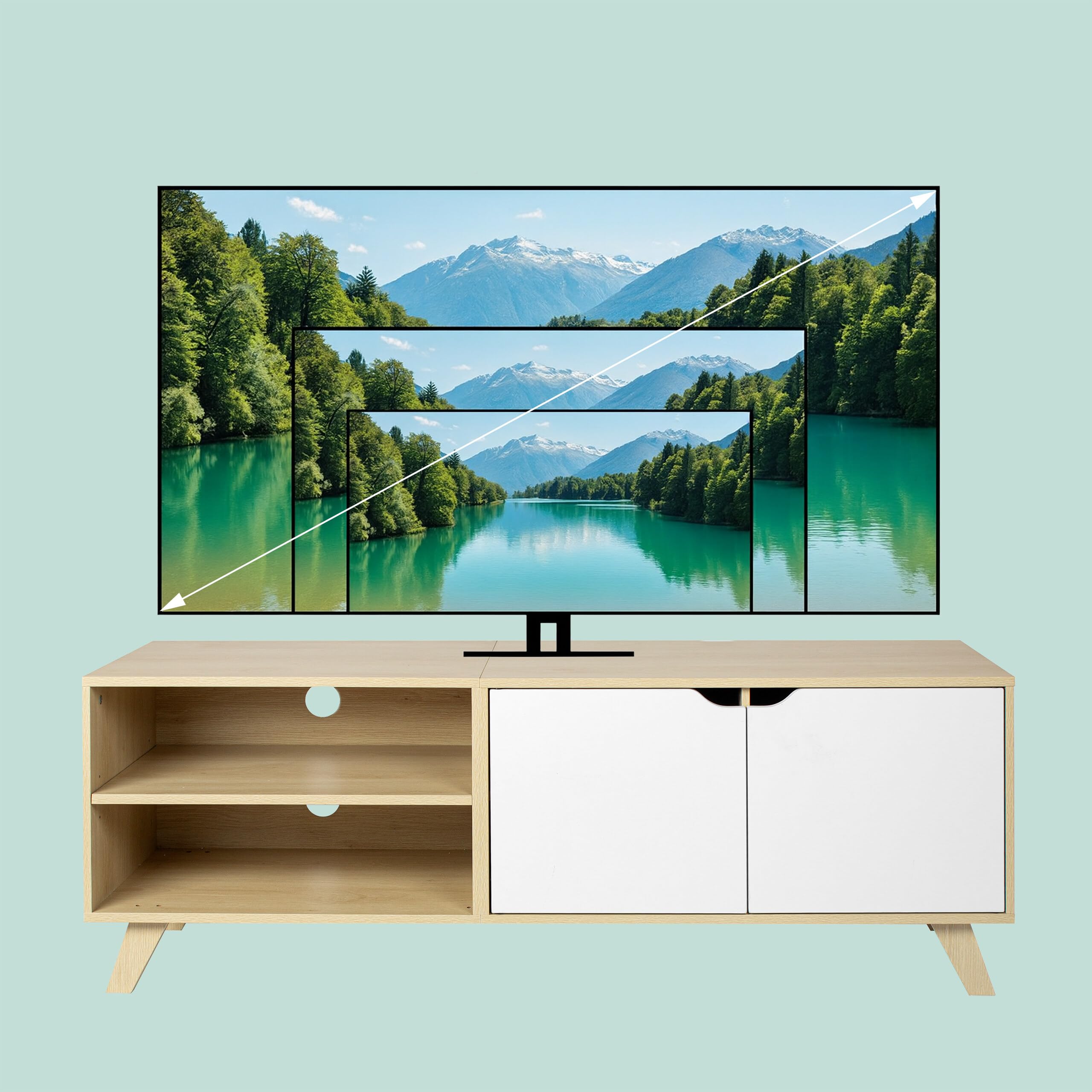 Relaxdays Meuble TV, 6 Compartiments, pour TV jusqu'à 60", HxLxP 50x140x40 cm, Passe-câbles, Nature/Blanc