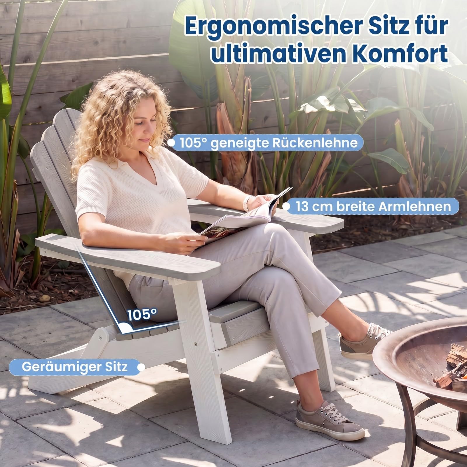 COSTWAY Adirondack krzesło składane, odporne na warunki atmosferyczne Adirondack Chair z tworzywa sztucznego, krzesło ogrodowe z wysokim oparciem i szerokimi podłokietnikami do ogrodu, nośność 180 kg