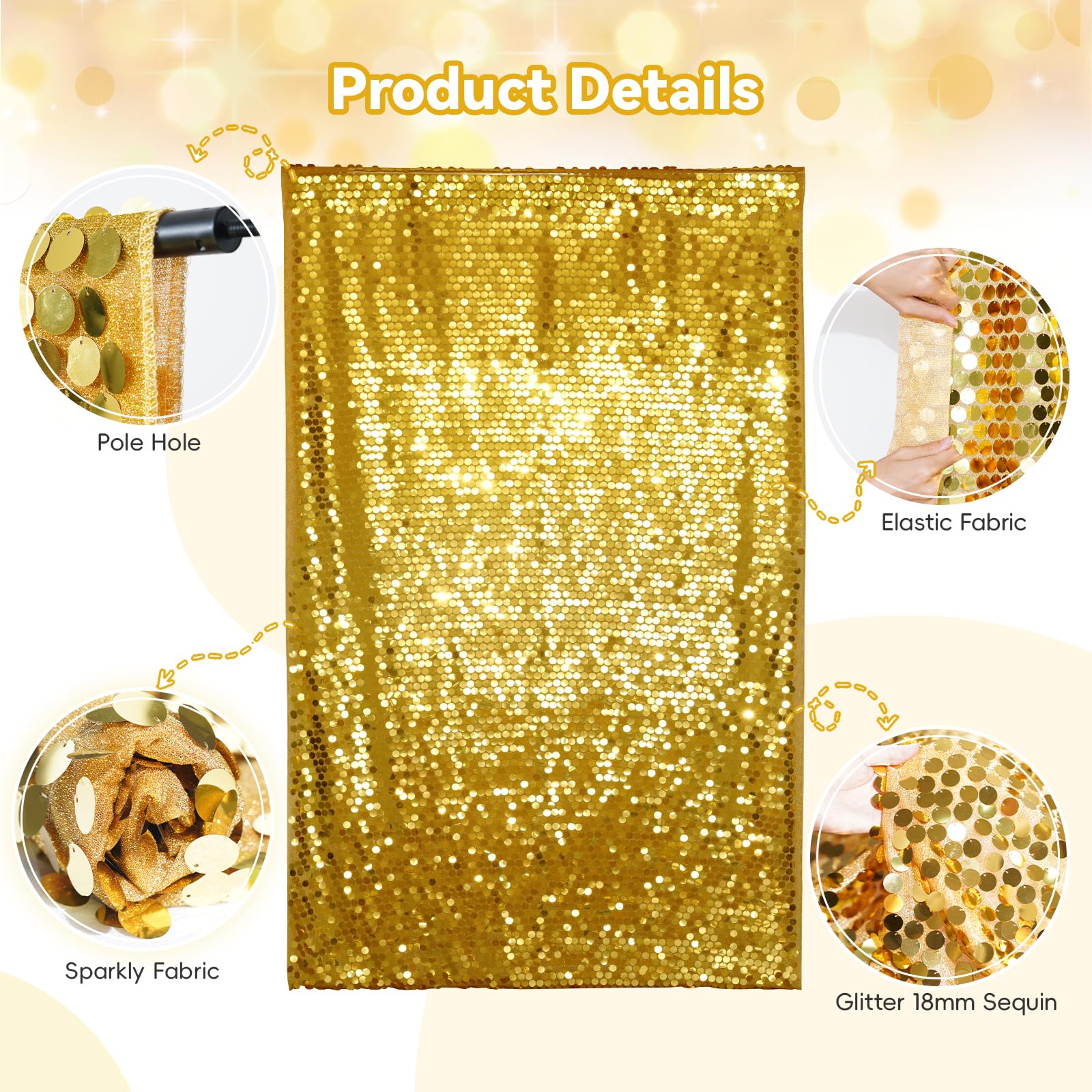 PartyDelight Telón de fondo de pared con lentejuelas doradas, paneles brillantes para fotografía, accesorios de fotografía de 4 x 7 pies, para decoración de cumpleaños, boda, fiesta