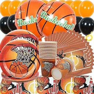 Shamoparty - Juego de 66 piezas de vajilla de baloncesto, platos, vasos, servilletas, globos de aluminio, mantel, decoración para fiestas de baloncesto