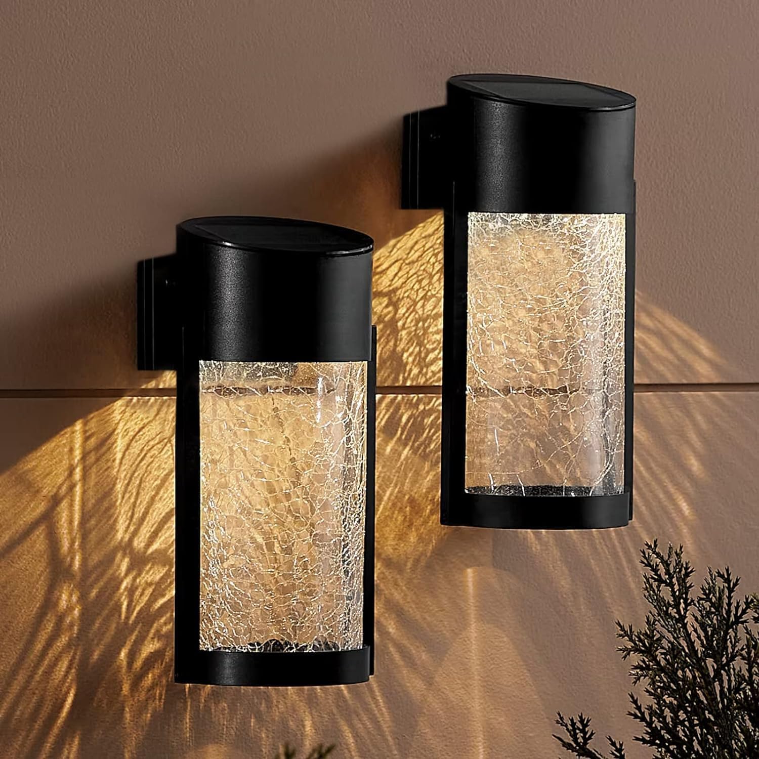 Greenfields Black 2 Pack Crackle Glass Solar Lights - Wall Fence Weatherproof Smd Solar Powered Led Light - Solar Pathway Light For Patio, Garden, Decking, Yard, Outdoor Home Decor Warm White