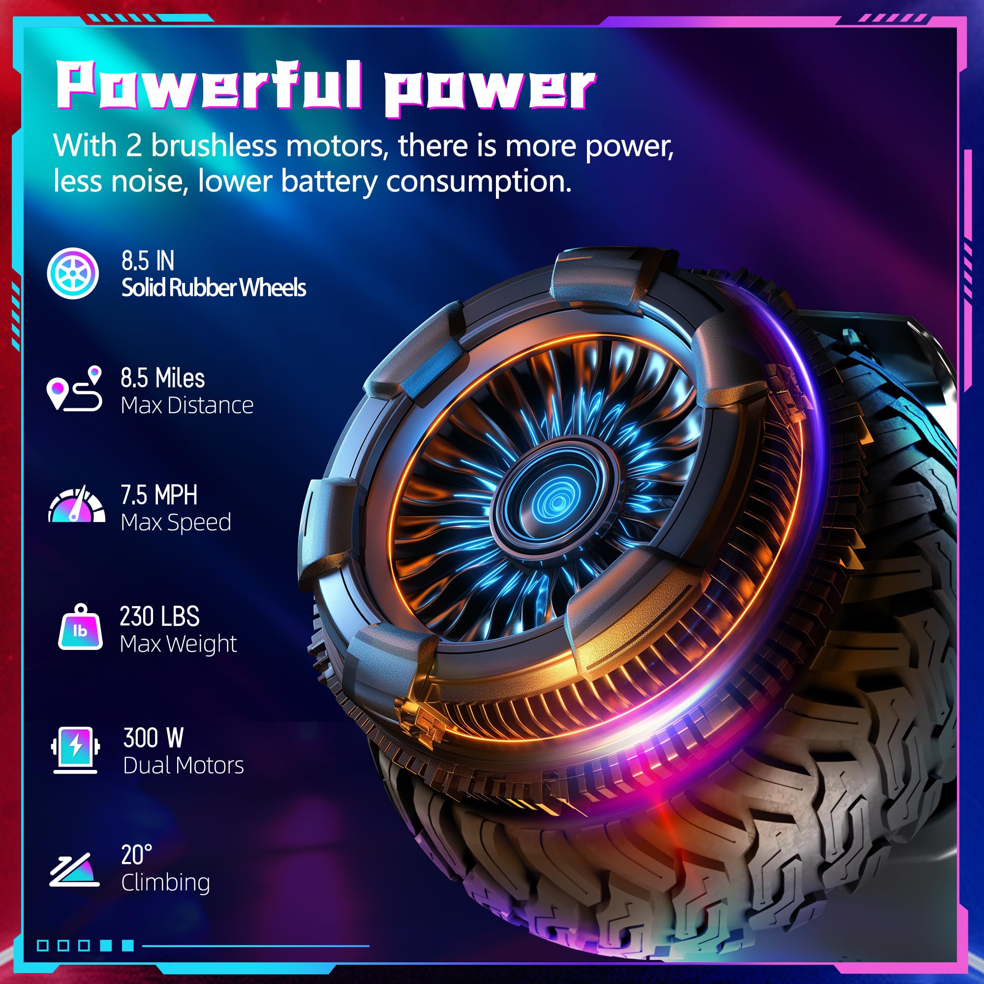 8,5 Zoll All-Terrain Hoverboard, mit Bluetooth und LED-Licht, starker Doppelmotor, geeignet für Erwachsene und Kinder, Silber