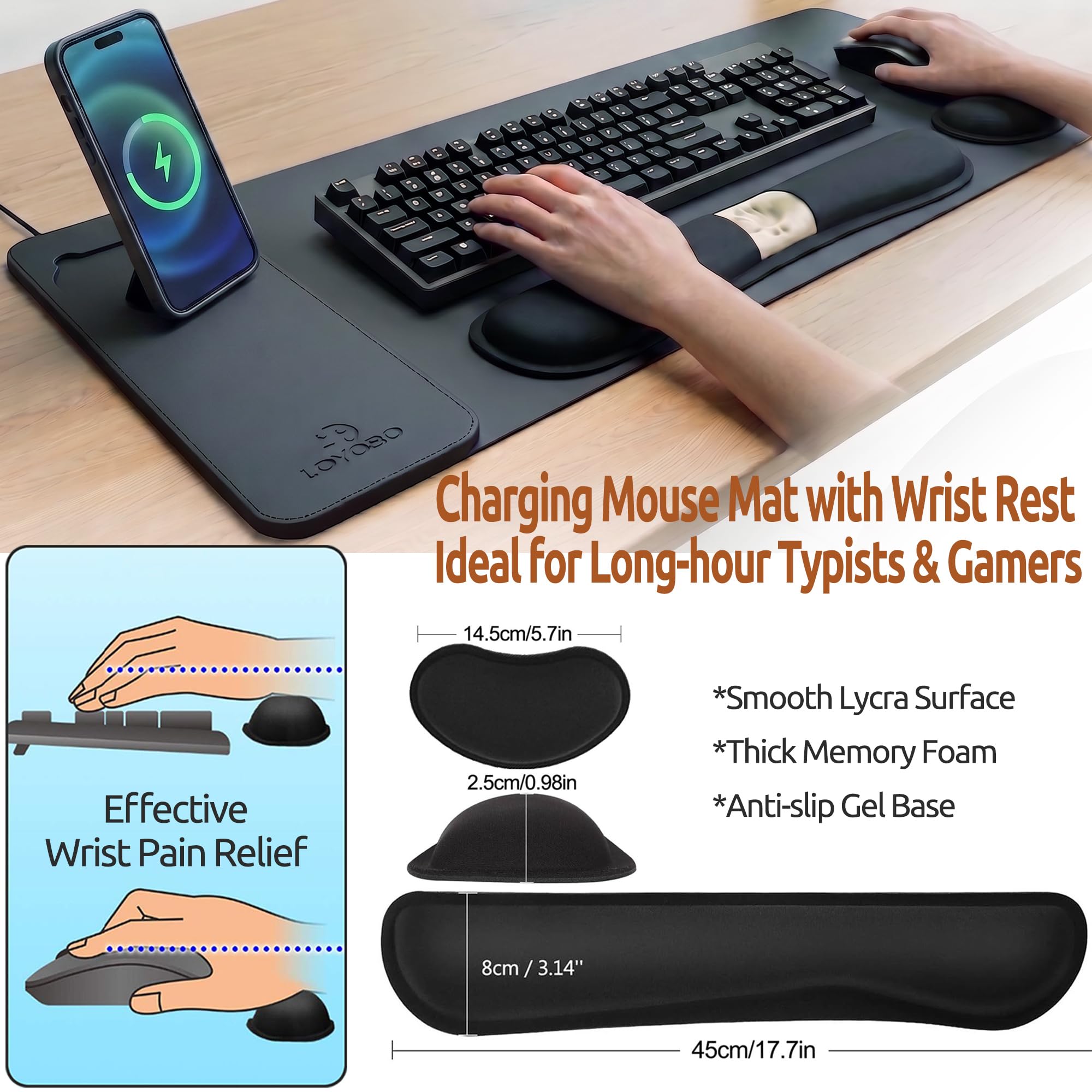 Podkładka pod mysz do gier XXL z szybkim bezprzewodowym ładowaniem 15 W, kąt widzenia, ergonomiczna konstrukcja, składana magnetyczna ładowarka do telefonu, 90 x 40 cm, skóra PU, podkładka na biurko z
