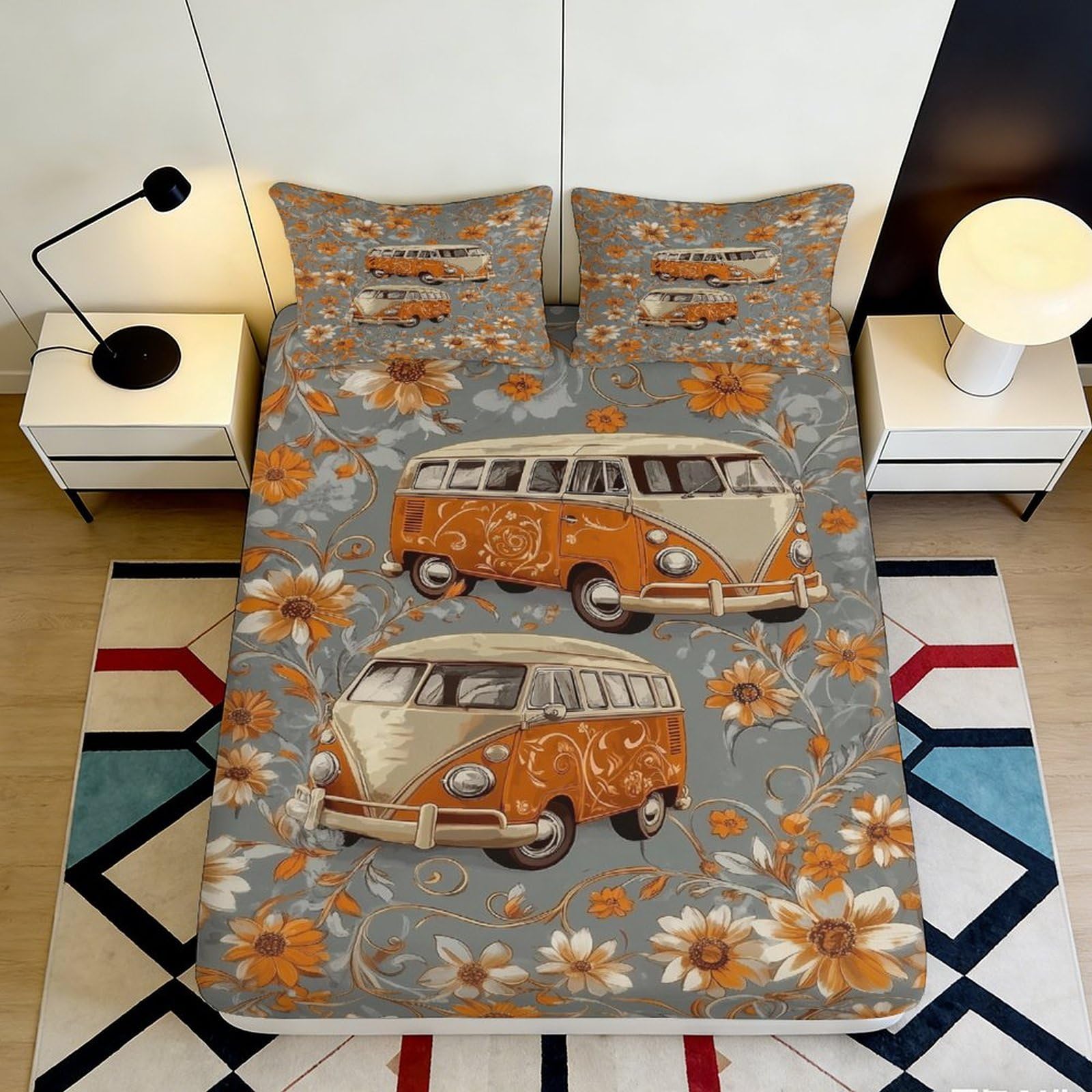 3D Printed Orange Vintage Camper Van Fitted Sheet Microfiber Retro Flower Bed Cover for Bedroom Dorm Mattress Protection 120x200x25cm