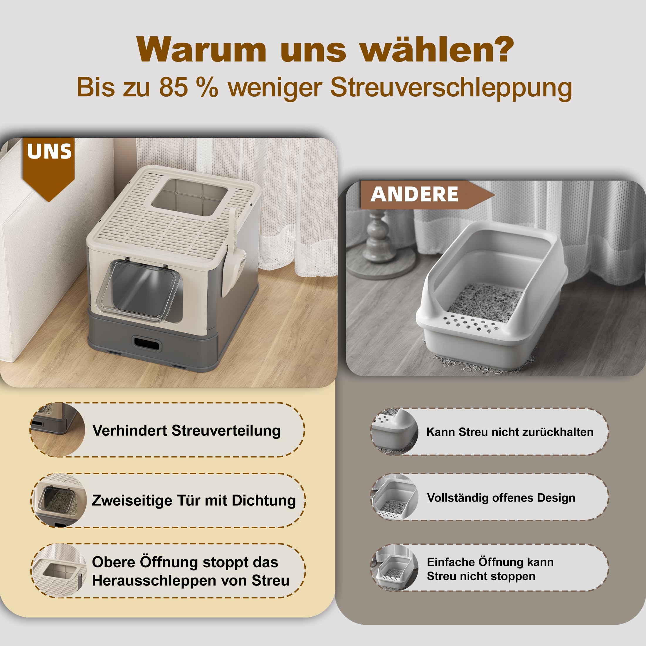 Pakeway Katzenklo aus Edelstahl Geschlossen mit 2 Einstiegsmöglichkeiten XXL Große Hygienische Katzentoilette Geruchsneutral Inklusive Schaufel und Matte Für Alle Rassen Platzsparend Faltbar auf 15 cm