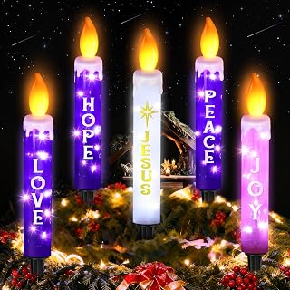 5 Pcs Christmas Advent Candles Outdoor with Ground Socket, 23 Inch Christmas Lighted Decoration Candle, White, Purple & Pink Ground 3D Advent Flameless Candles for Xmas Gift Yard Porch Garden Lawn