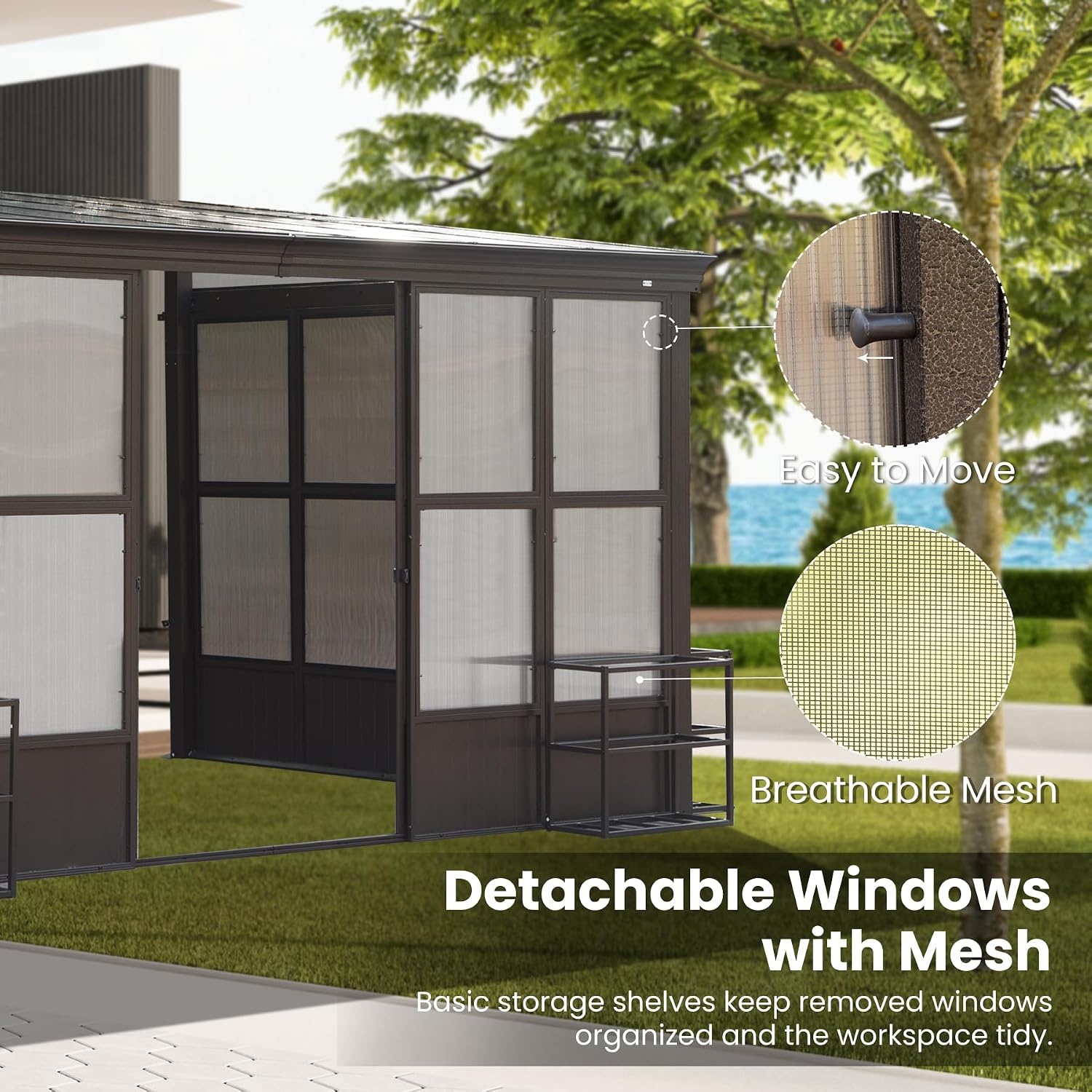 Domi Wall Mounted Sunroom 12x16FT, Wall Solarium with Aluminum PC Sloping Roof, Detachable PC Screen House, Lockable Sliding Front and Side Doors, Outdoor Lean-to Gazebo, Sun Room for Deck Patio