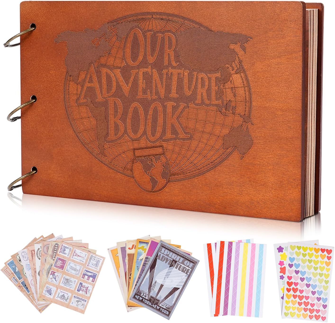 Our Adventure Book 3D Wooden Scrapbook Photo Album, Retro Travelling Journal Memory Book For Anniversary,For Vintage Guestbook DIY Wedding Gift,60 Pages+ 19 Scrapbook Sticker,Valentine's Day Gifts