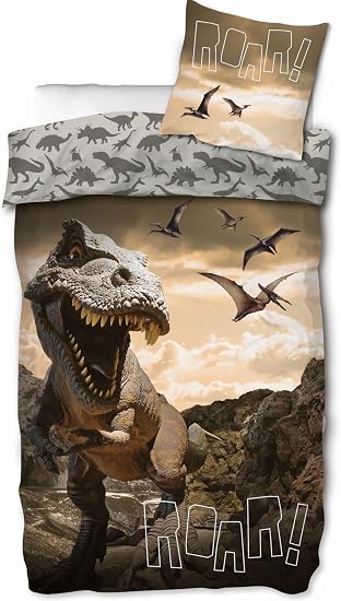 Dino Bettwäsche-Set Für Einzelbetten – T-Rex & Triceratops Auf Blauem Grund, 135x200 Cm + Kissenbezug 50x75 Cm