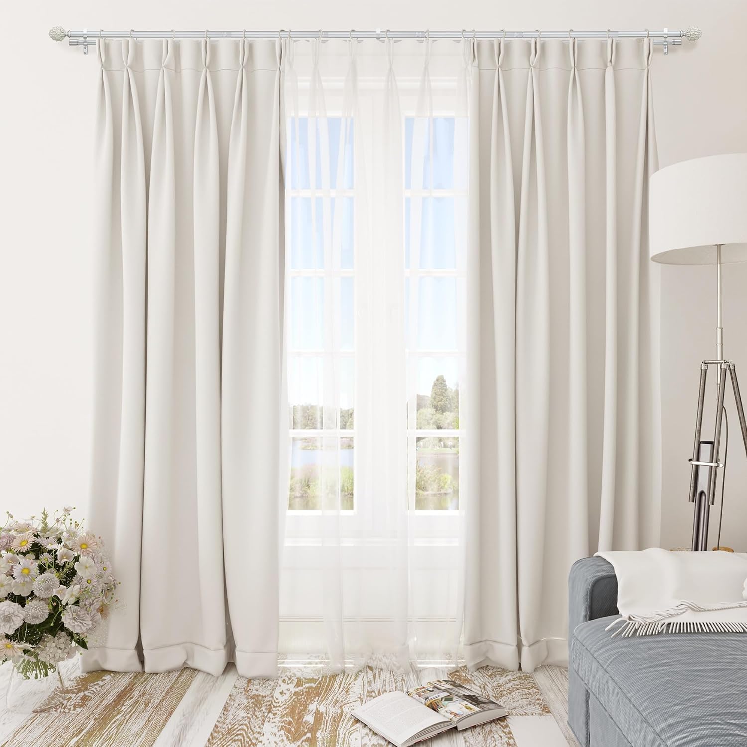 Silver Double Curtain Rod 66 to 120 Inches, 6/8 Inch +1 Inch Telescoping Heavy Duty Drapery Rod with Classic Finials,Window Treatment Curtain Rod Set