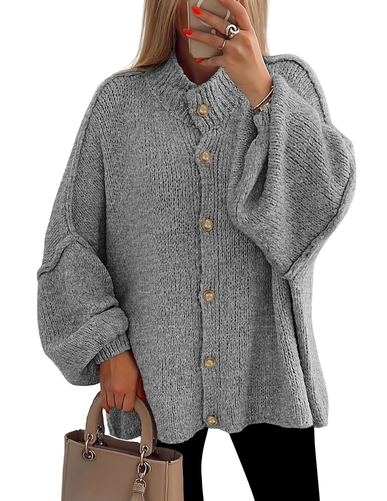 Women's Winter Button Down Cardigan Sweaters Mock Neck Lantern Long Sleeve Chunky Knit Jacket Trendy Outerwear(Gray,XL)